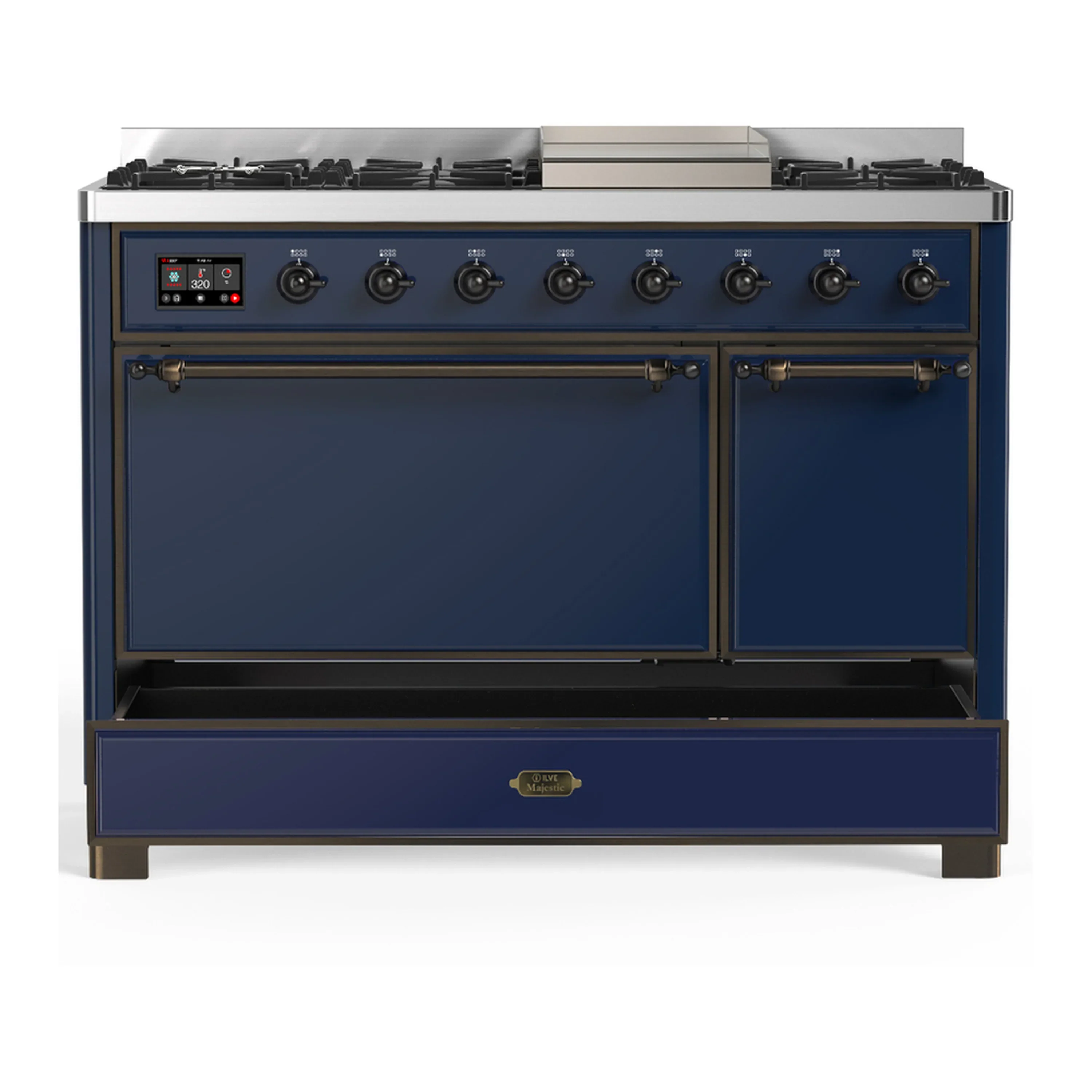 ILVE Majestic III 48-inch Dual Fuel Range with 5 Natural Gas Burner, Griddle and Solid Door Electric Oven in Midnight Blue with Burnished Trim (UM48FQNR3MBB) - Image 3
