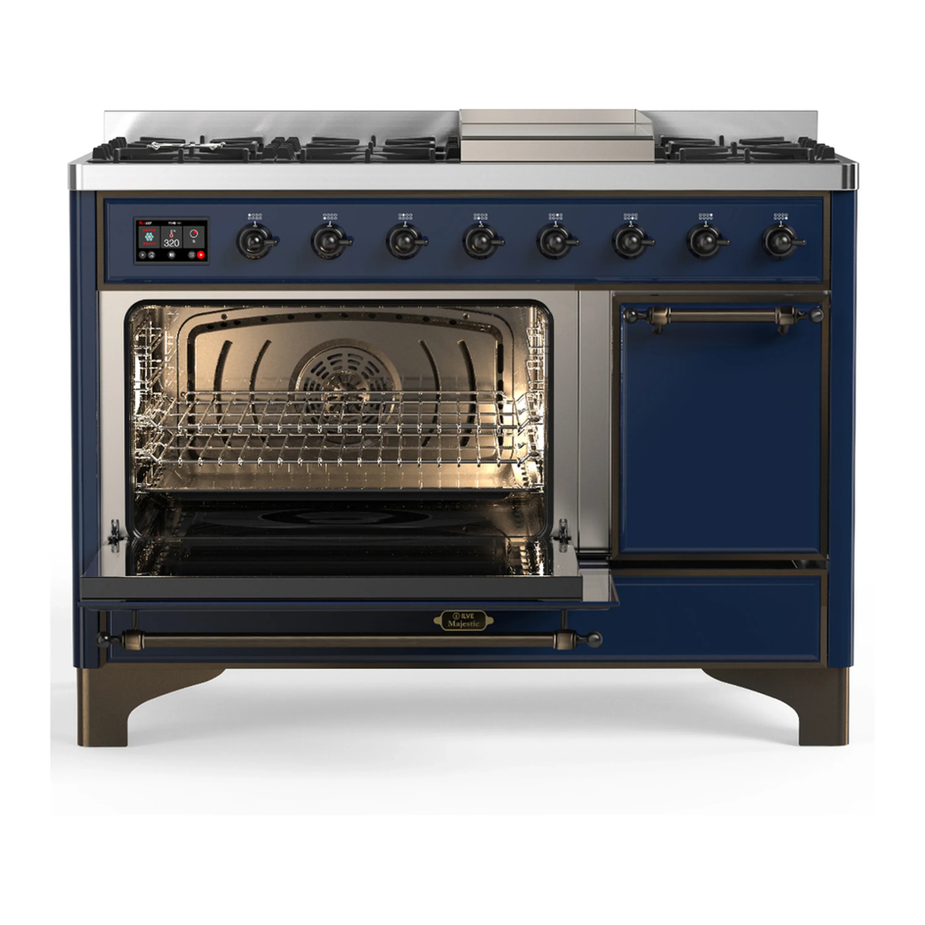 ILVE Majestic III 48-inch Dual Fuel Range with 5 Natural Gas Burner, Griddle and Solid Door Electric Oven in Midnight Blue with Burnished Trim (UM48FQNR3MBB) - Image 5