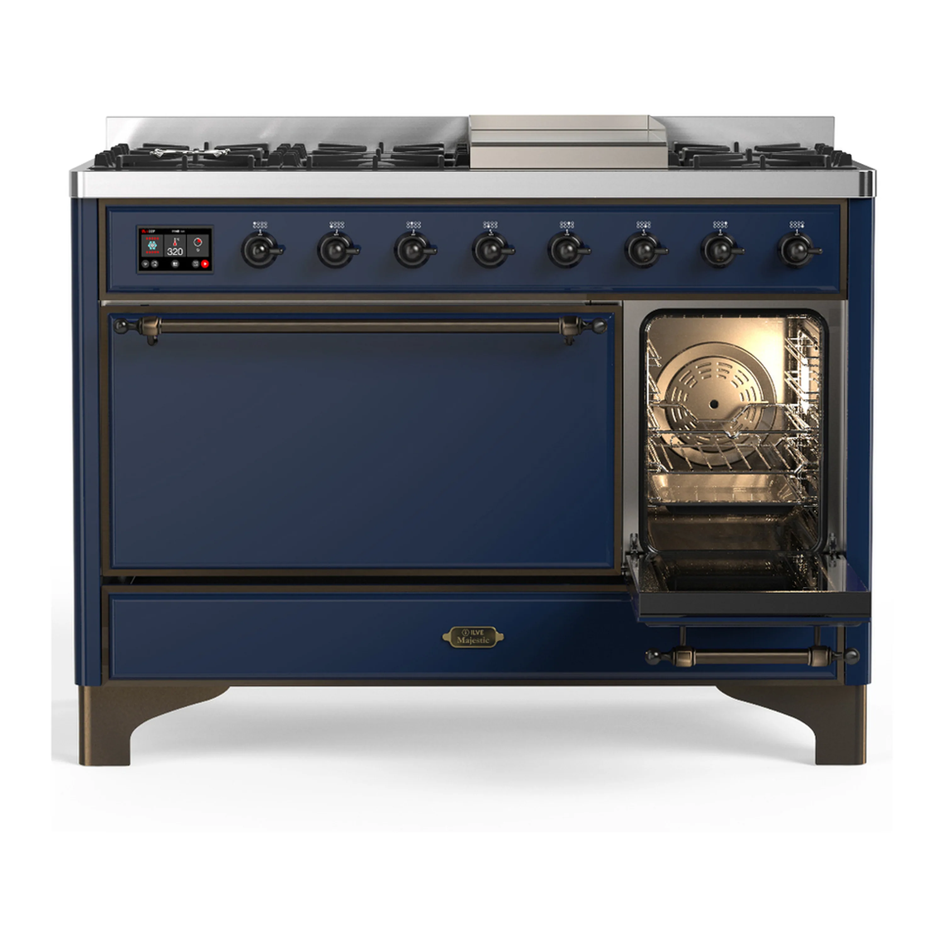 ILVE Majestic III 48-inch Dual Fuel Range with 5 Liquid Propane Burner, Griddle and Solid Door Electric Oven in Midnight Blue with Burnished Trim (UM48FQNR3MBBLP) - Image 4