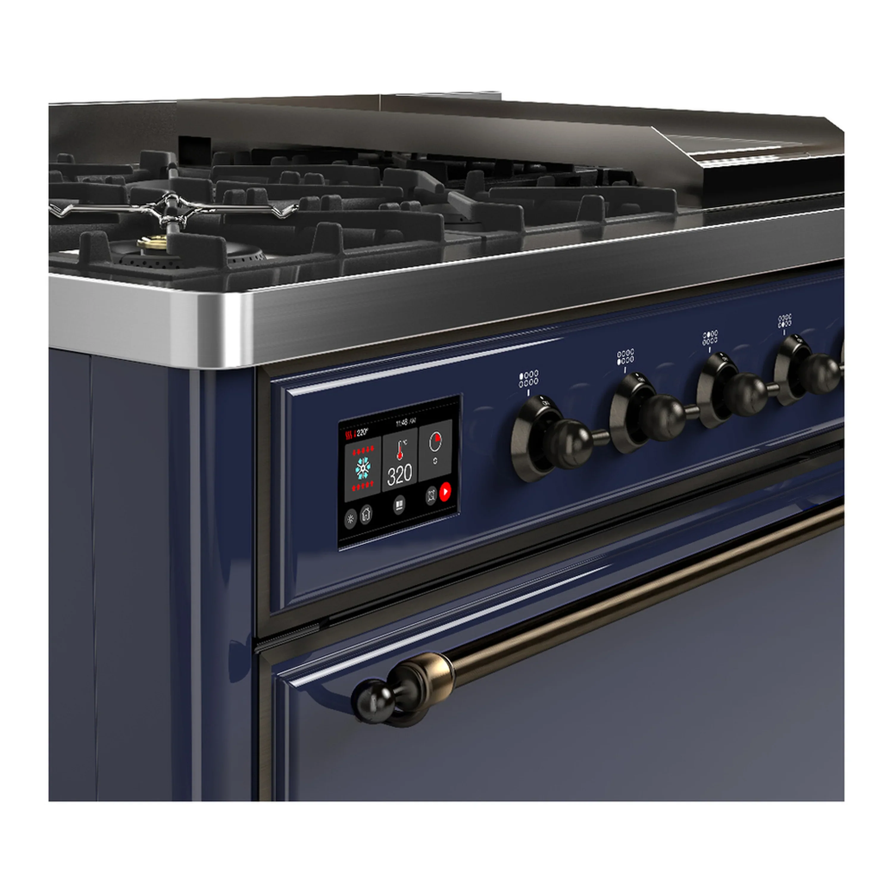 ILVE Majestic III 48-inch Dual Fuel Range with 5 Liquid Propane Burner, Griddle and Solid Door Electric Oven in Midnight Blue with Burnished Trim (UM48FQNR3MBBLP) - Image 7