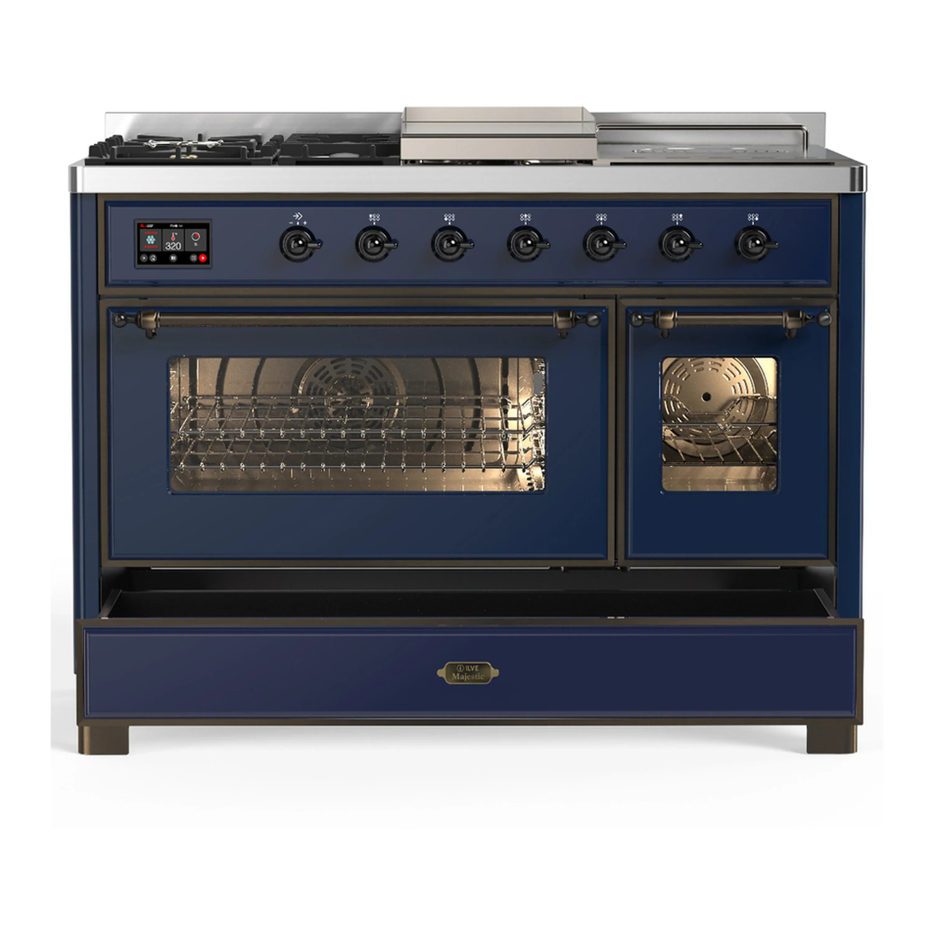ILVE Majestic III 48-inch Dual Fuel Range with 5 Natural Gas Burner, Griddle, French Top and Triple Glass Door Electric Oven in Midnight Blue with Burnished Trim (UM48FSNR3MBB) - Image 3