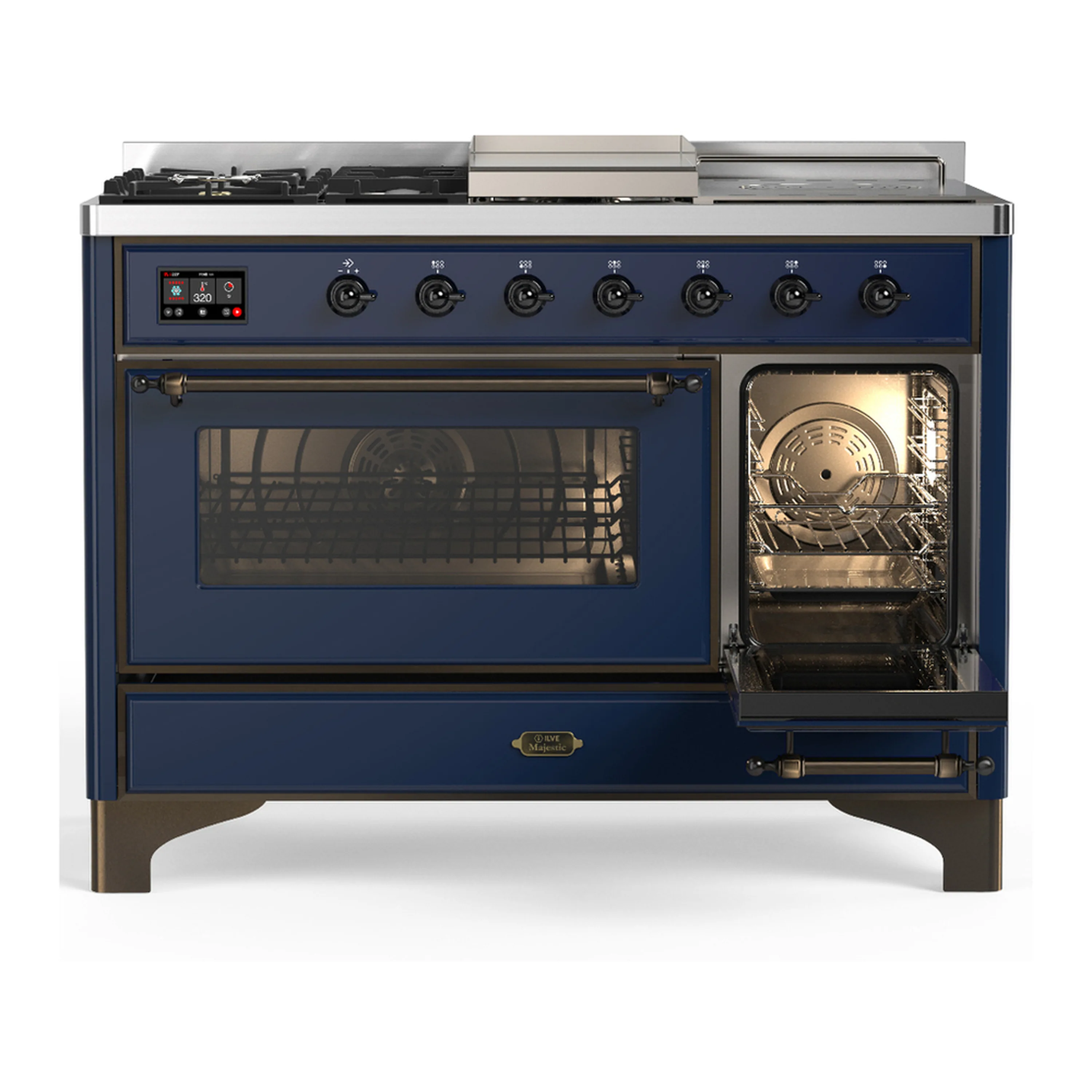 ILVE Majestic III 48-inch Dual Fuel Range with 5 Natural Gas Burner, Griddle, French Top and Triple Glass Door Electric Oven in Midnight Blue with Burnished Trim (UM48FSNR3MBB) - Image 4