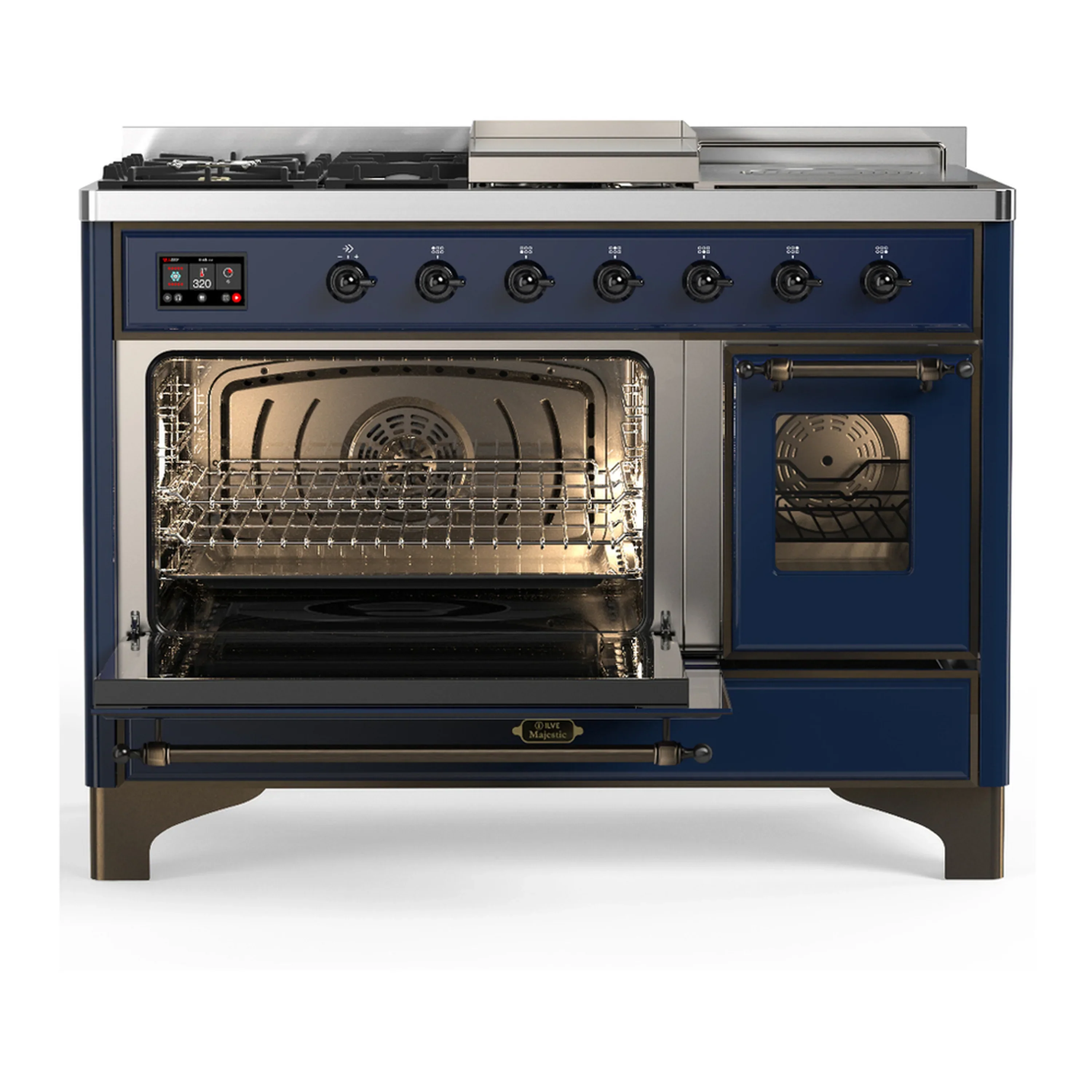 ILVE Majestic III 48-inch Dual Fuel Range with 5 Natural Gas Burner, Griddle, French Top and Triple Glass Door Electric Oven in Midnight Blue with Burnished Trim (UM48FSNR3MBB) - Image 5