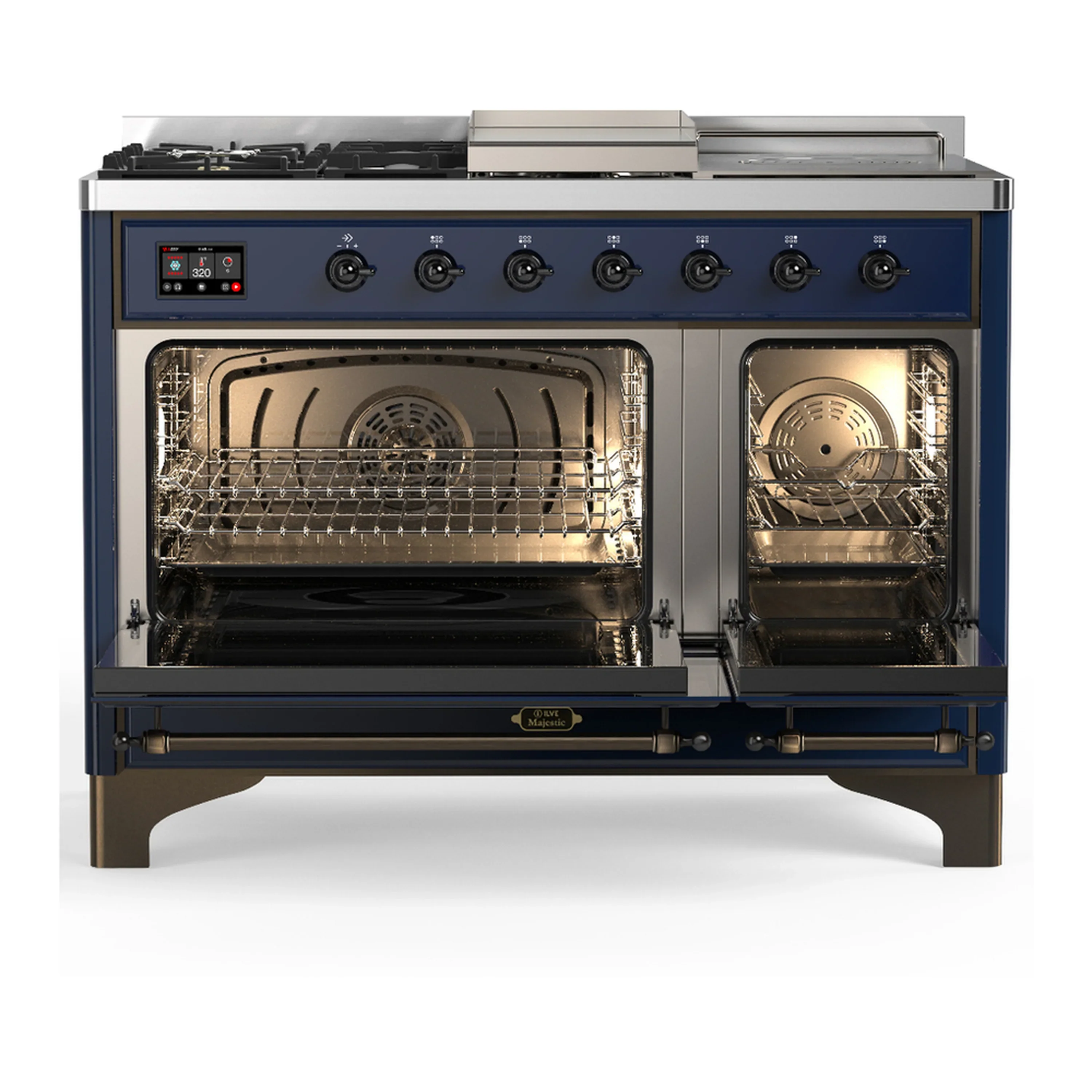 ILVE Majestic III 48-inch Dual Fuel Range with 5 Natural Gas Burner, Griddle, French Top and Triple Glass Door Electric Oven in Midnight Blue with Burnished Trim (UM48FSNR3MBB) - Image 6