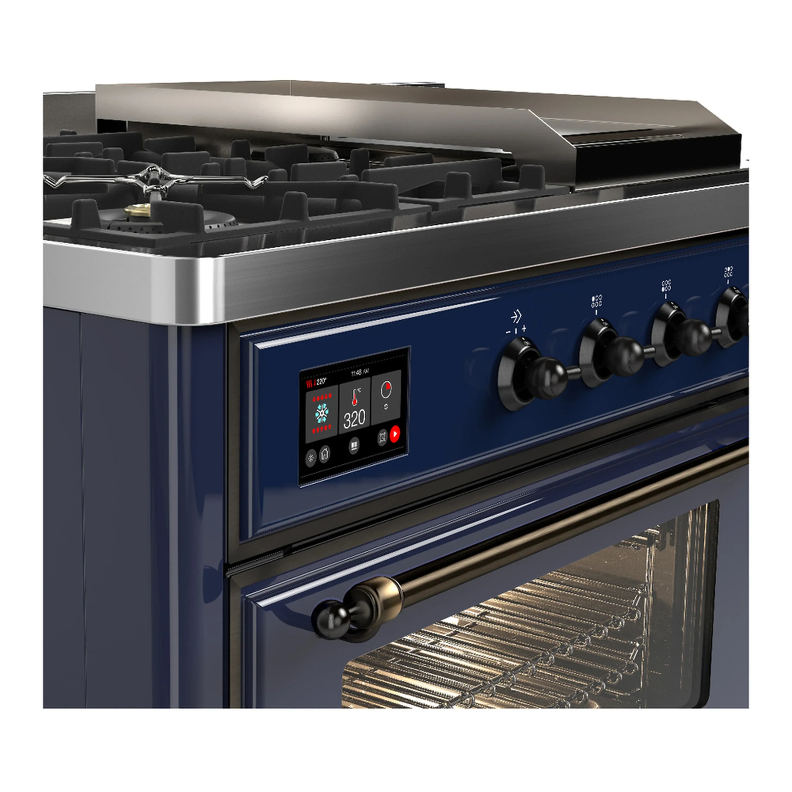 ILVE Majestic III 48-inch Dual Fuel Range with 5 Natural Gas Burner, Griddle, French Top and Triple Glass Door Electric Oven in Midnight Blue with Burnished Trim (UM48FSNR3MBB) - Image 7