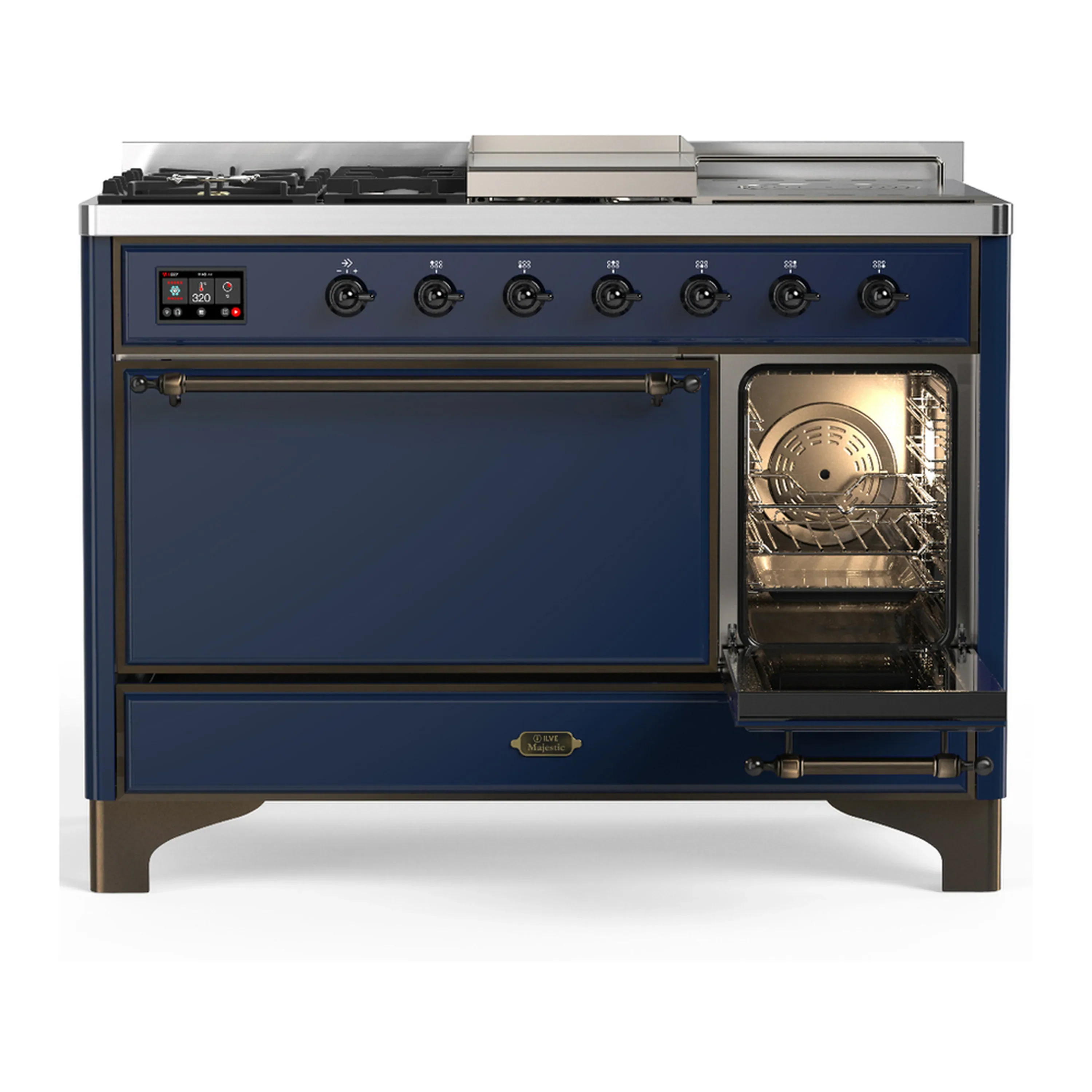 ILVE Majestic III 48-inch Dual Fuel Range with 5 Natural Gas Burner, Griddle, French Top and Solid Door Electric Oven in Midnight Blue with Burnished Trim (UM48FSQNR3MBB) - Image 4