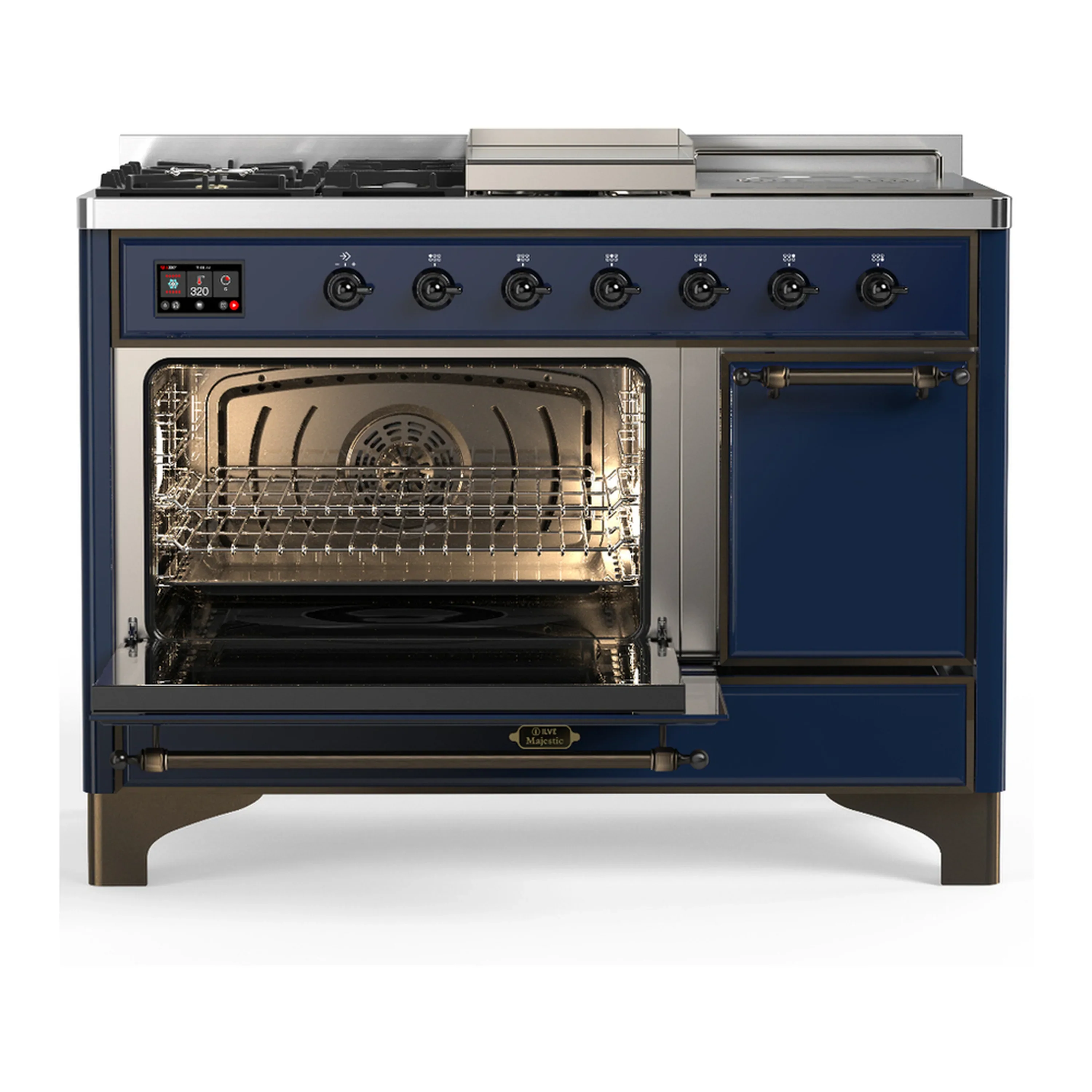 ILVE Majestic III 48-inch Dual Fuel Range with 5 Natural Gas Burner, Griddle, French Top and Solid Door Electric Oven in Midnight Blue with Burnished Trim (UM48FSQNR3MBB) - Image 5