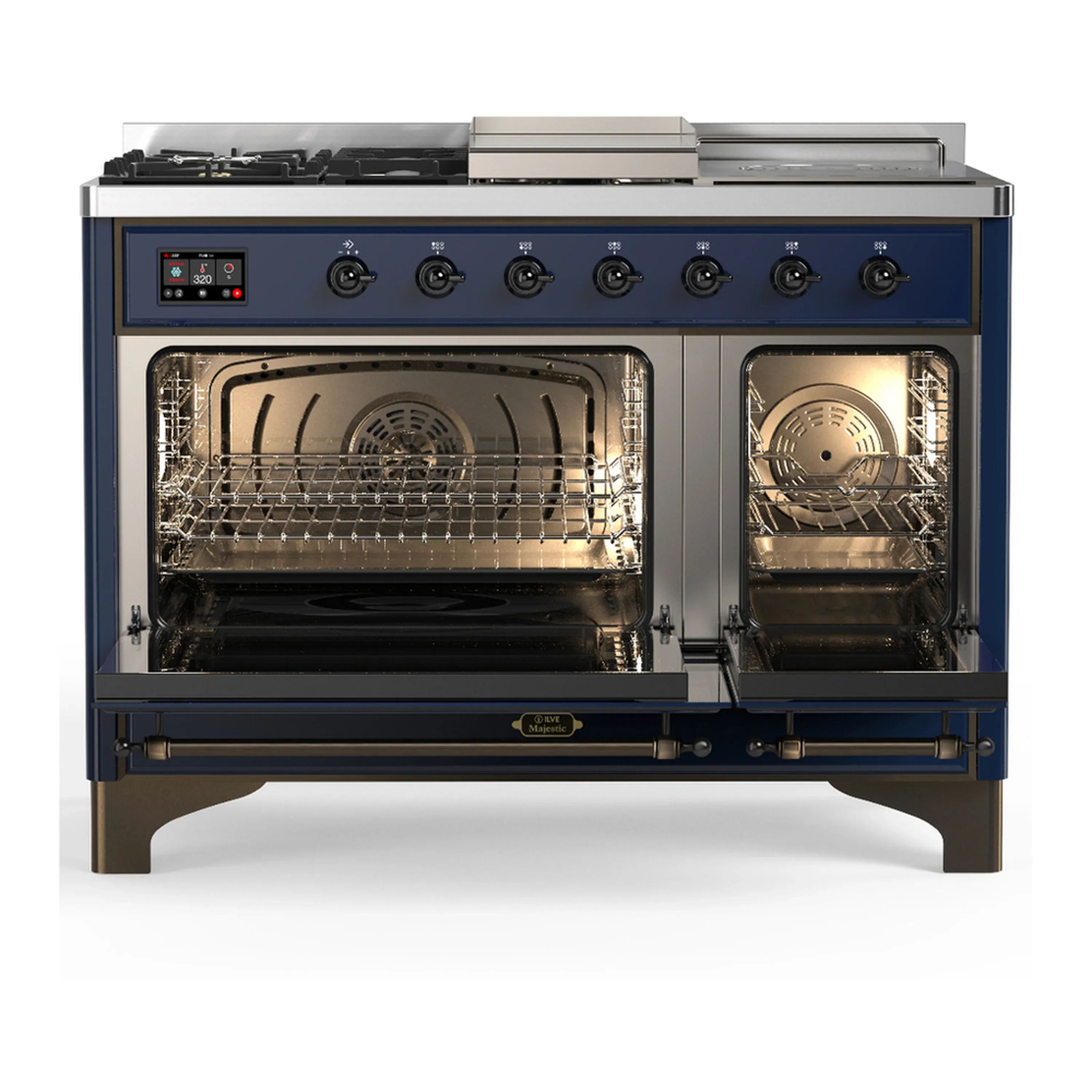 ILVE Majestic III 48-inch Dual Fuel Range with 5 Natural Gas Burner, Griddle, French Top and Solid Door Electric Oven in Midnight Blue with Burnished Trim (UM48FSQNR3MBB) - Image 6
