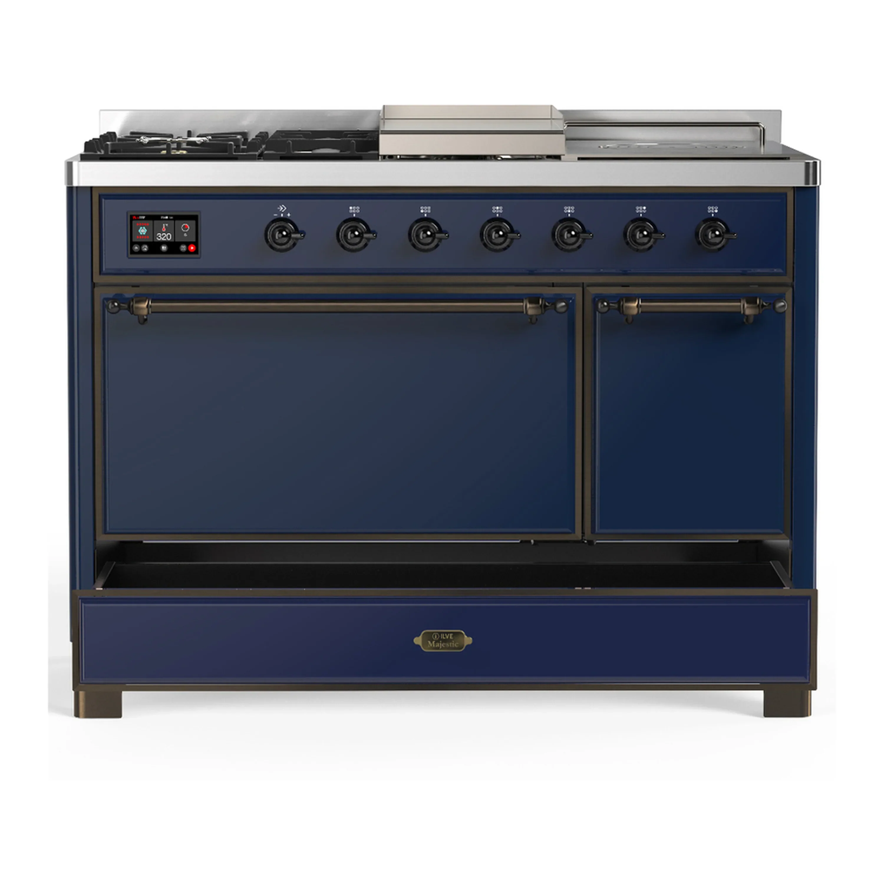 ILVE Majestic III 48-inch Dual Fuel Range with 5 Liquid Propane Burner, Griddle, French Top and Solid Door Electric Oven in Midnight Blue with Burnished Trim (UM48FSQNR3MBBLP) - Image 3