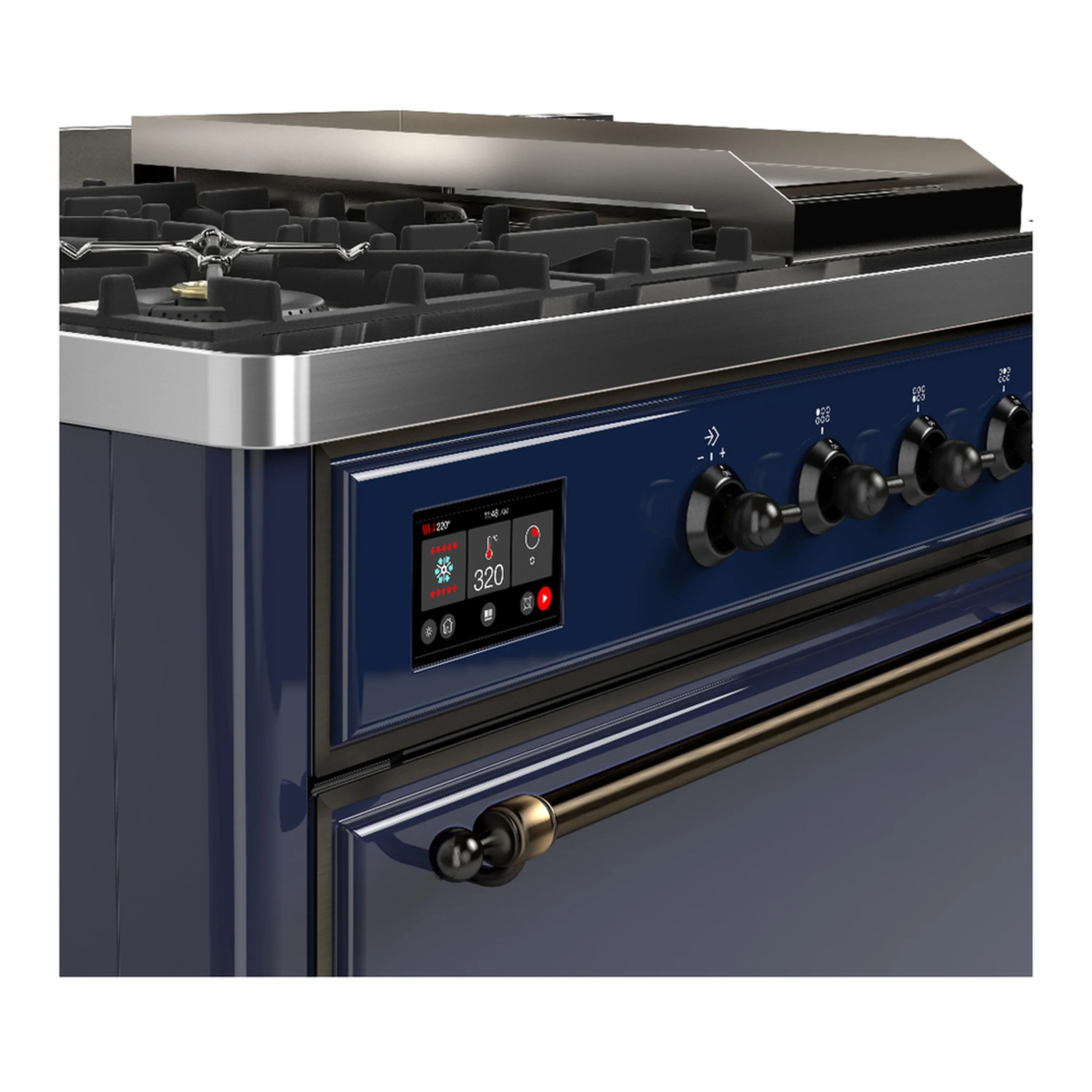 ILVE Majestic III 48-inch Dual Fuel Range with 5 Liquid Propane Burner, Griddle, French Top and Solid Door Electric Oven in Midnight Blue with Burnished Trim (UM48FSQNR3MBBLP) - Image 7