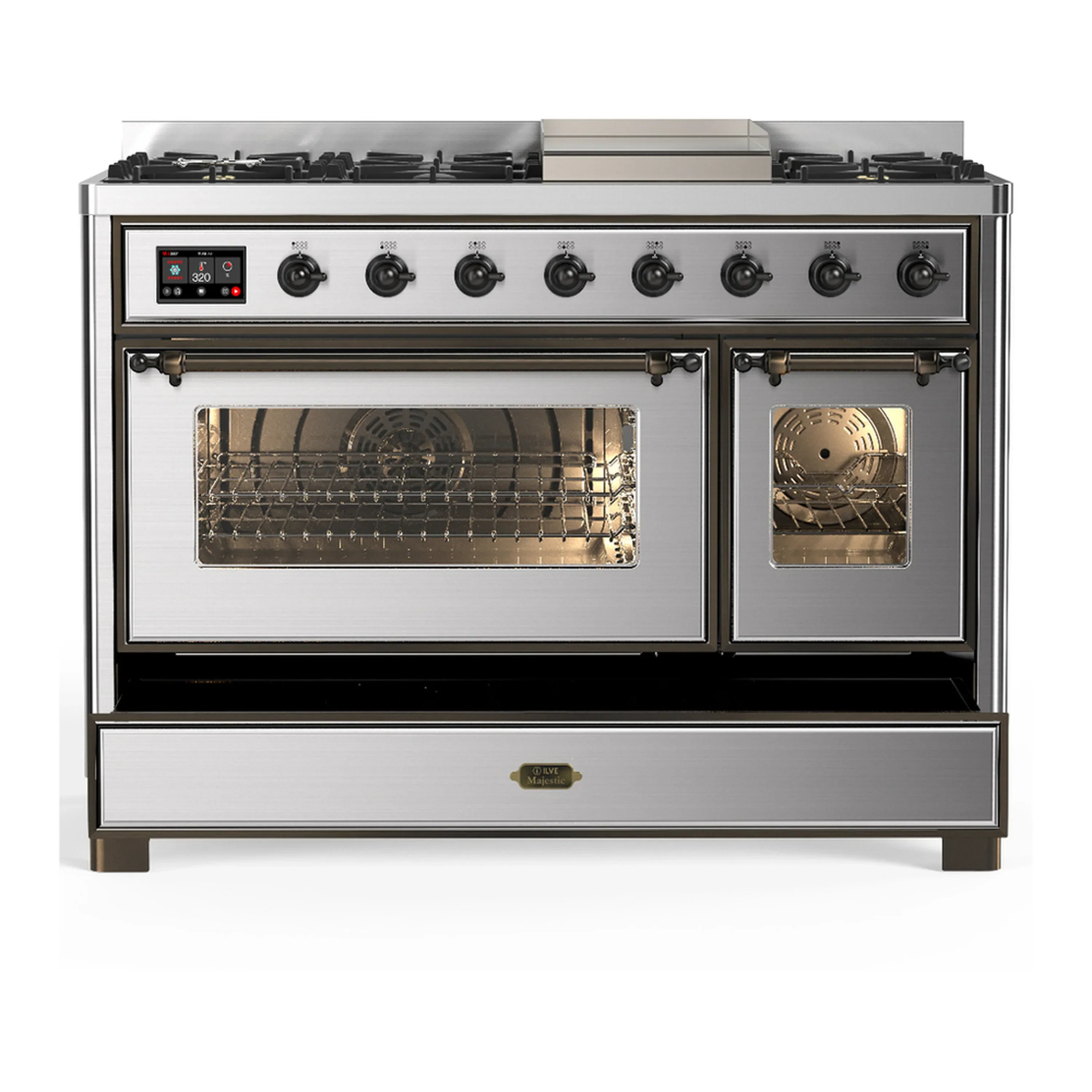 ILVE Majestic III 48-inch Dual Fuel Range with 5 Natural Gas Burner, Griddle and Triple Glass Door Electric Oven in Stainless Steel with Burnished Trim (UM48FNR3SSB) - Image 3