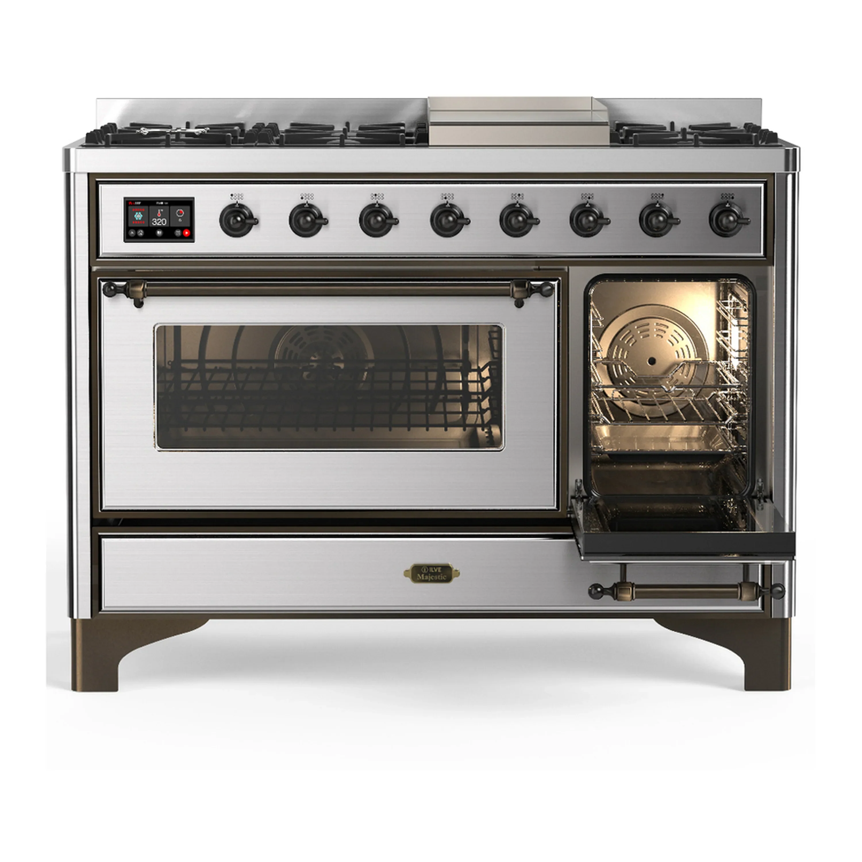 ILVE Majestic III 48-inch Dual Fuel Range with 5 Natural Gas Burner, Griddle and Triple Glass Door Electric Oven in Stainless Steel with Burnished Trim (UM48FNR3SSB) - Image 4