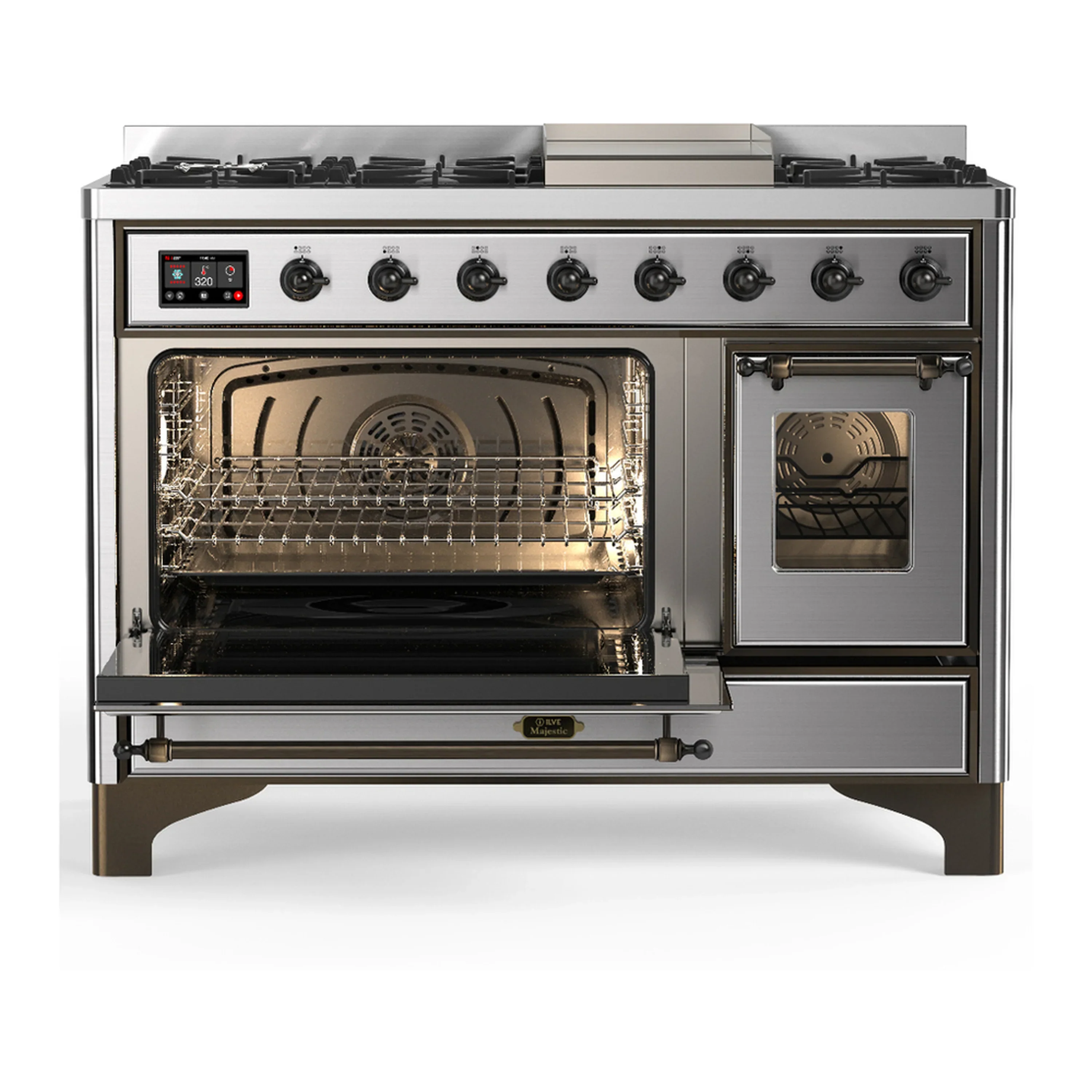 ILVE Majestic III 48-inch Dual Fuel Range with 5 Natural Gas Burner, Griddle and Triple Glass Door Electric Oven in Stainless Steel with Burnished Trim (UM48FNR3SSB) - Image 5