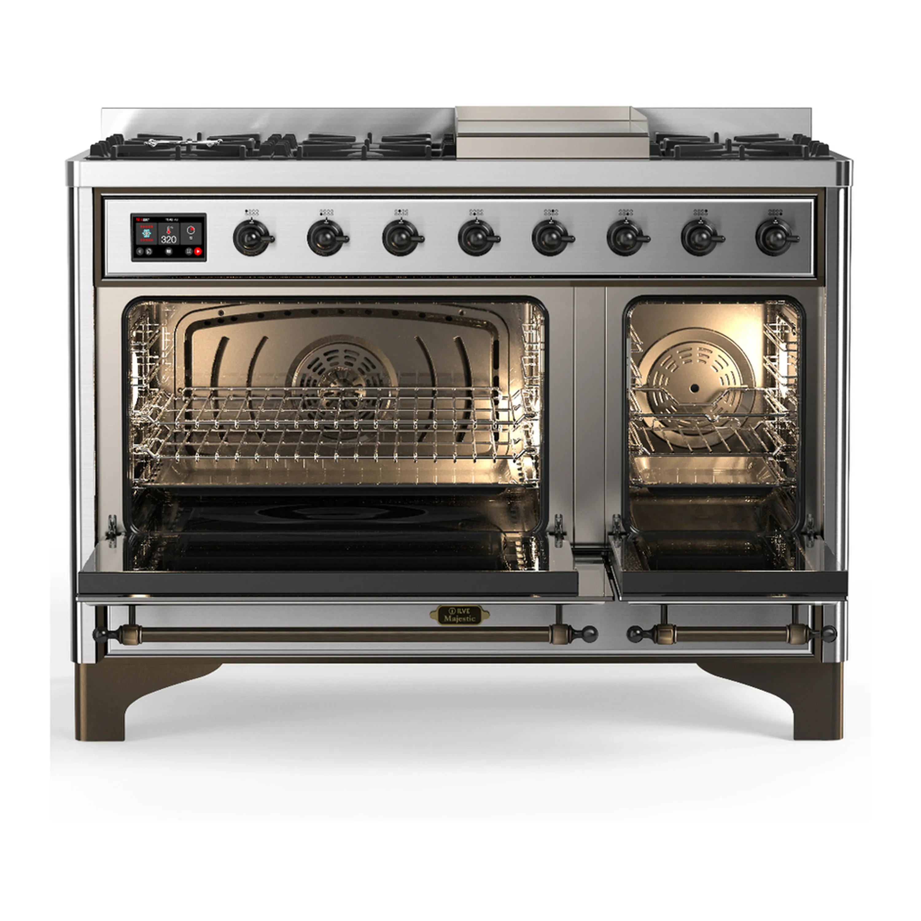 ILVE Majestic III 48-inch Dual Fuel Range with 5 Natural Gas Burner, Griddle and Triple Glass Door Electric Oven in Stainless Steel with Burnished Trim (UM48FNR3SSB) - Image 6