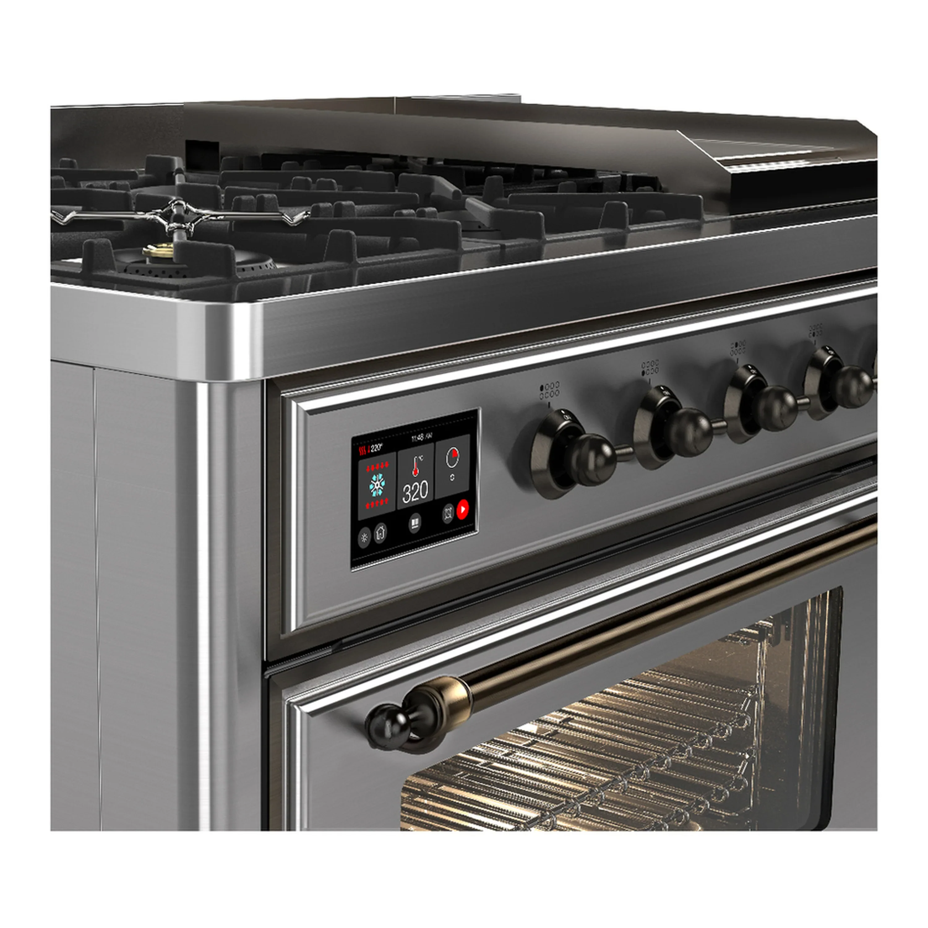 ILVE Majestic III 48-inch Dual Fuel Range with 5 Natural Gas Burner, Griddle and Triple Glass Door Electric Oven in Stainless Steel with Burnished Trim (UM48FNR3SSB) - Image 7