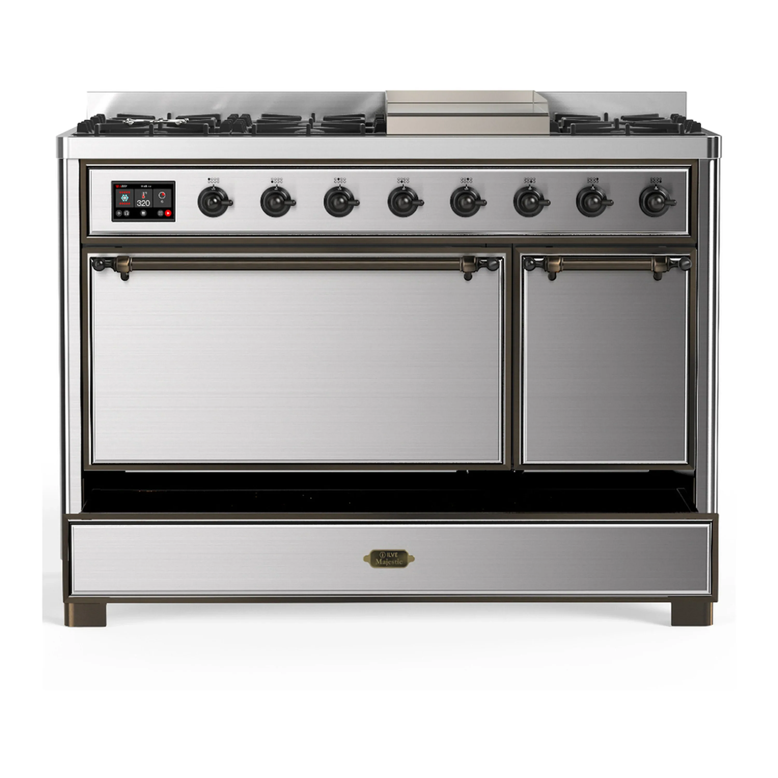 ILVE Majestic III 48-inch Dual Fuel Range with 5 Liquid Propane Burner, Griddle and Solid Door Electric Oven in Stainless Steel with Burnished Trim (UM48FQNR3SSBLP) - Image 3