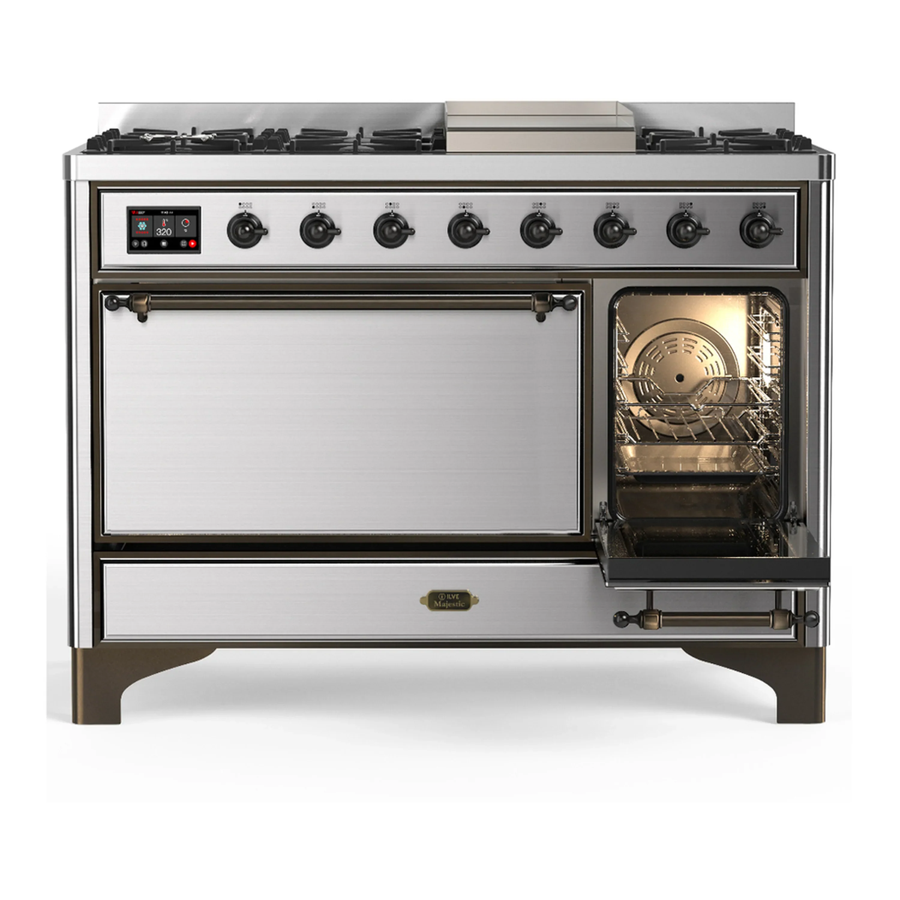 ILVE Majestic III 48-inch Dual Fuel Range with 5 Liquid Propane Burner, Griddle and Solid Door Electric Oven in Stainless Steel with Burnished Trim (UM48FQNR3SSBLP) - Image 4