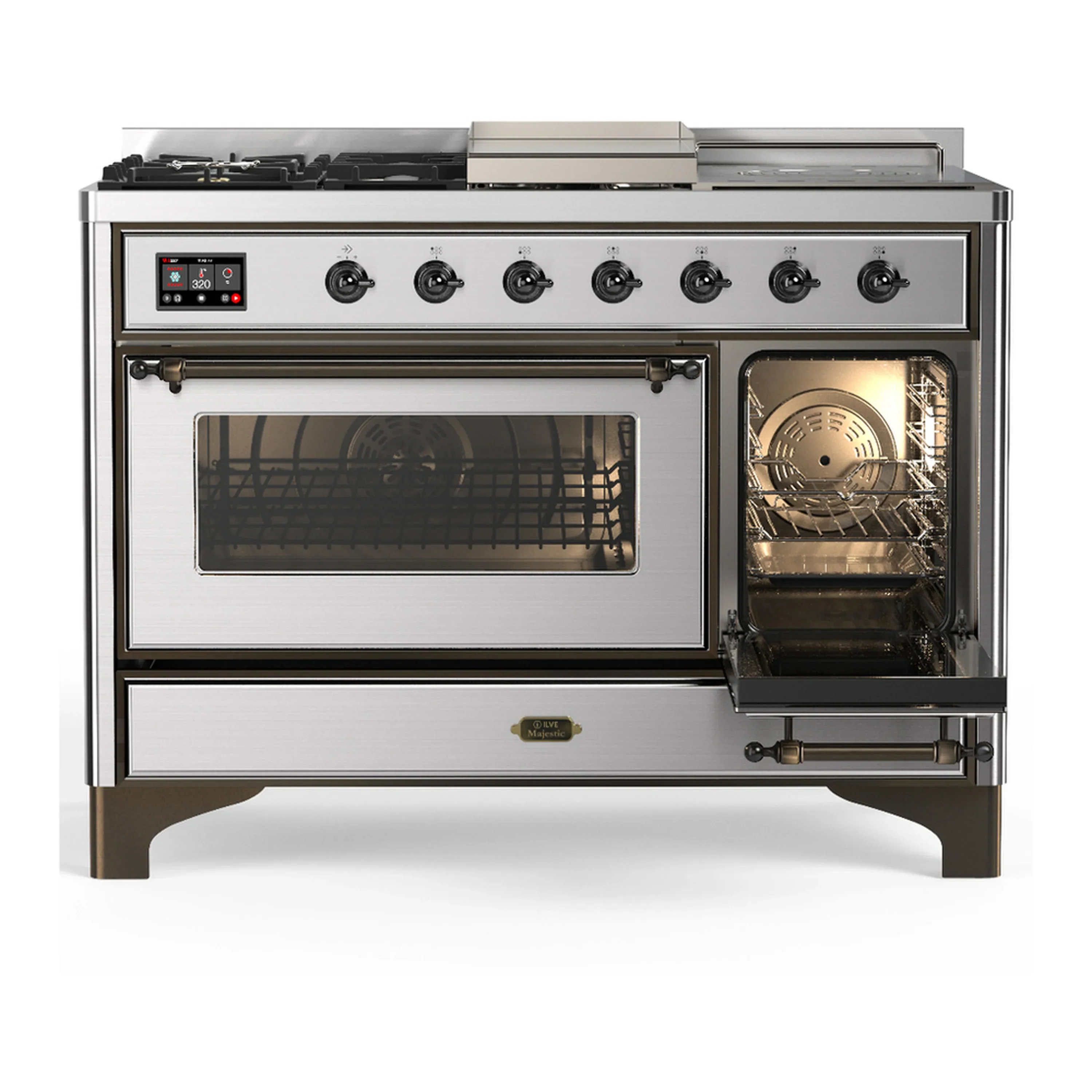 ILVE Majestic III 48-inch Dual Fuel Range with 5 Natural Gas Burner, Griddle, French Top and Triple Glass Door Electric Oven in Stainless Steel with Burnished Trim (UM48FSNR3SSB) - Image 4