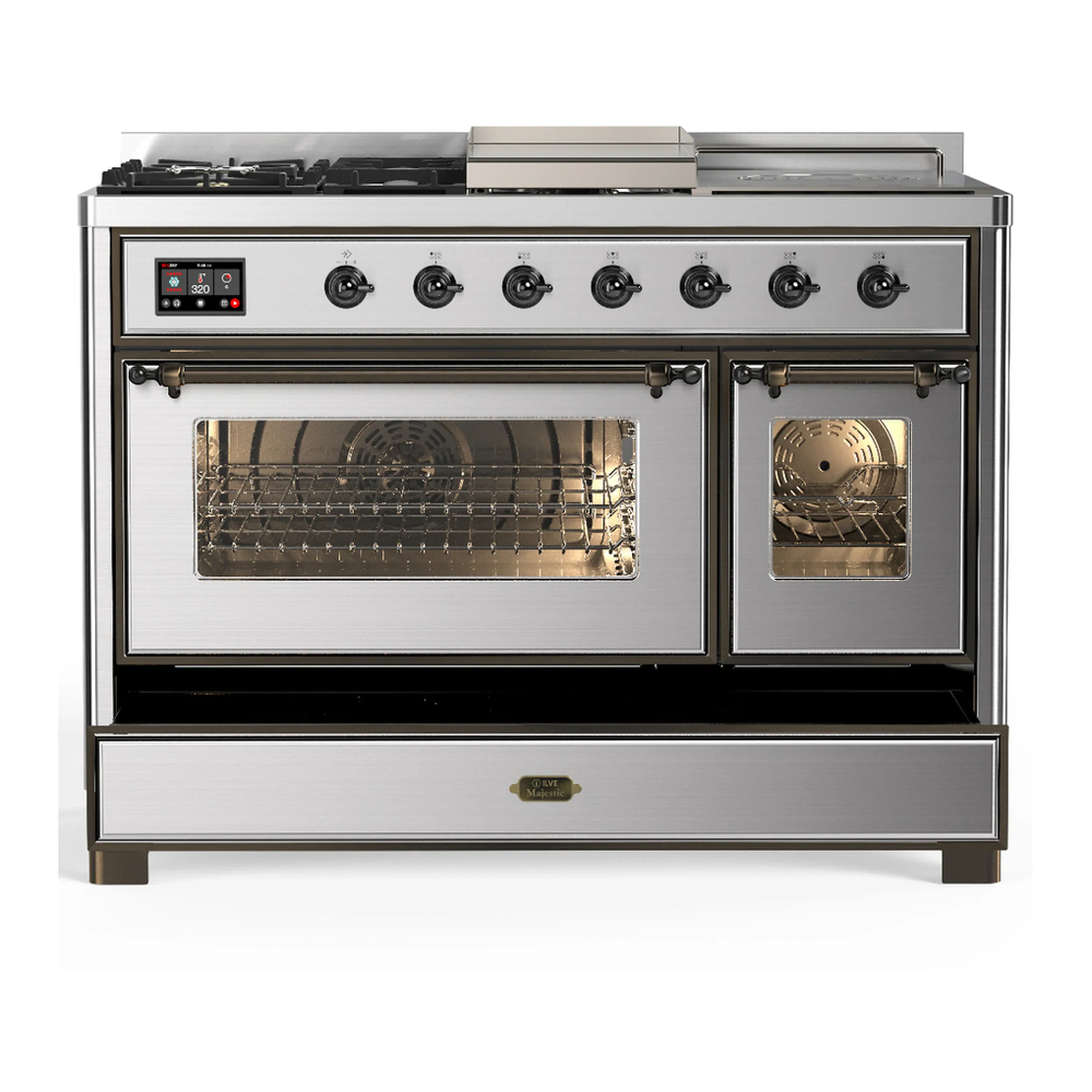 ILVE Majestic III 48-inch Dual Fuel Range with 5 Liquid Propane Burner, Griddle, French Top and Triple Glass Door Electric Oven in Stainless Steel with Burnished Trim (UM48FSNR3SSBLP) - Image 3