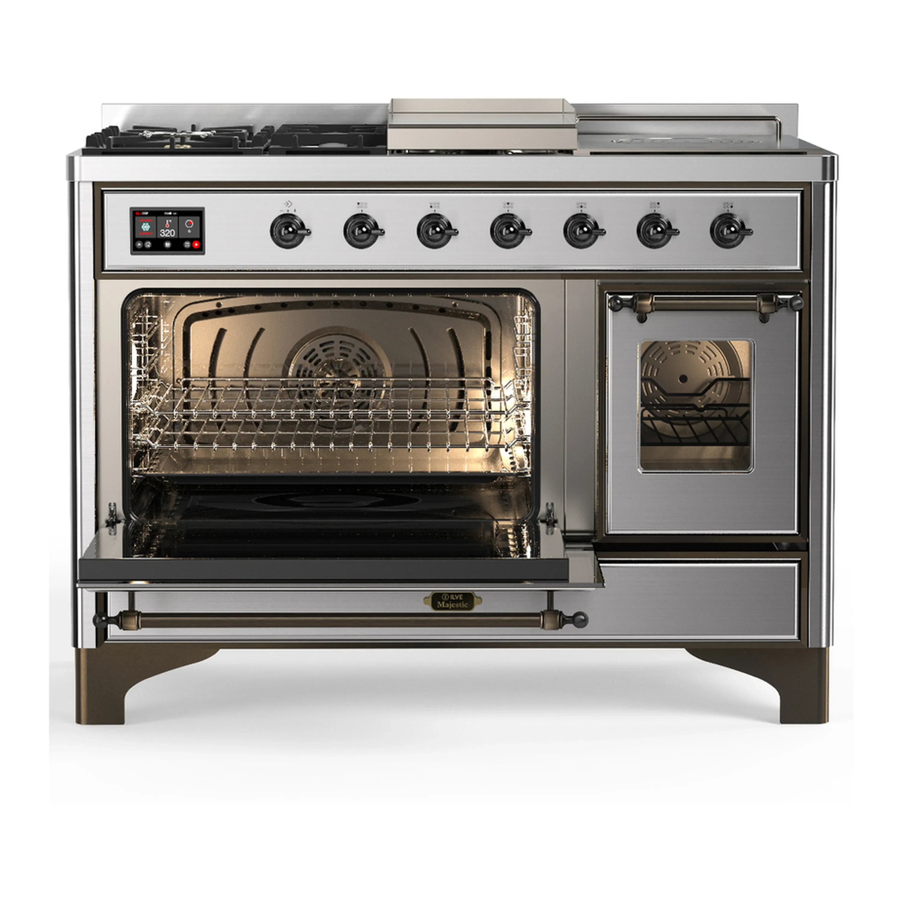 ILVE Majestic III 48-inch Dual Fuel Range with 5 Liquid Propane Burner, Griddle, French Top and Triple Glass Door Electric Oven in Stainless Steel with Burnished Trim (UM48FSNR3SSBLP) - Image 5
