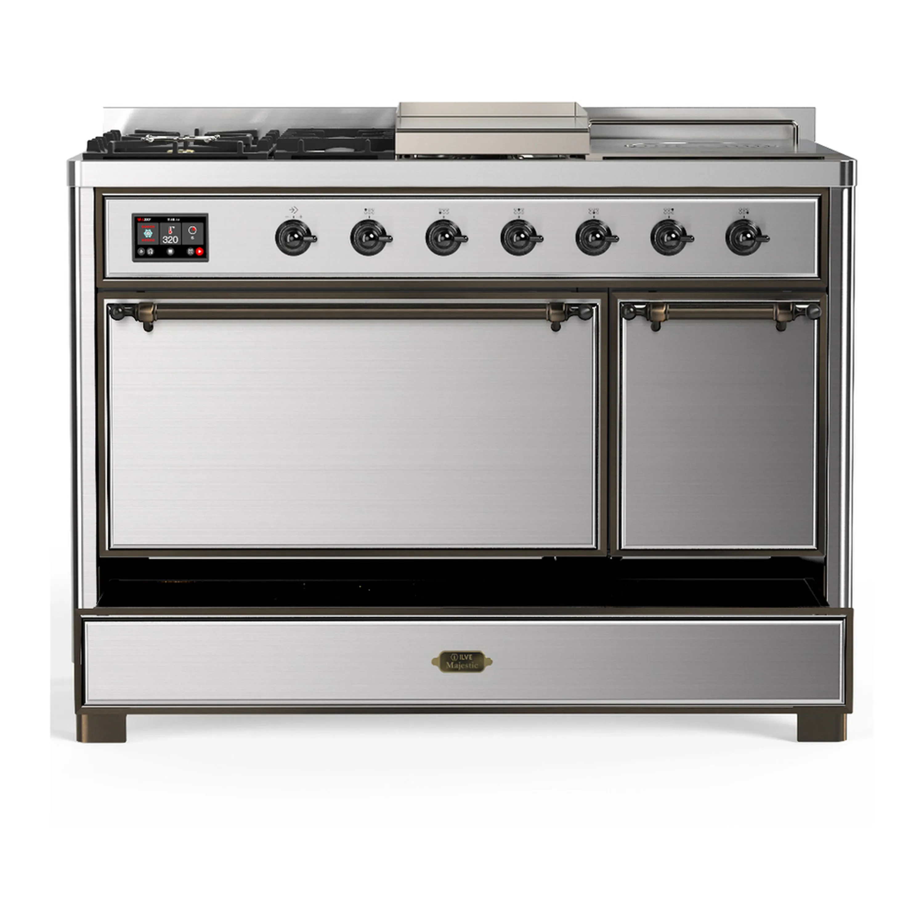 ILVE Majestic III 48-inch Dual Fuel Range with 5 Liquid Propane Burner, Griddle, French Top and Solid Door Electric Oven in Stainless Steel with Burnished Trim (UM48FSQNR3SSBLP) - Image 3