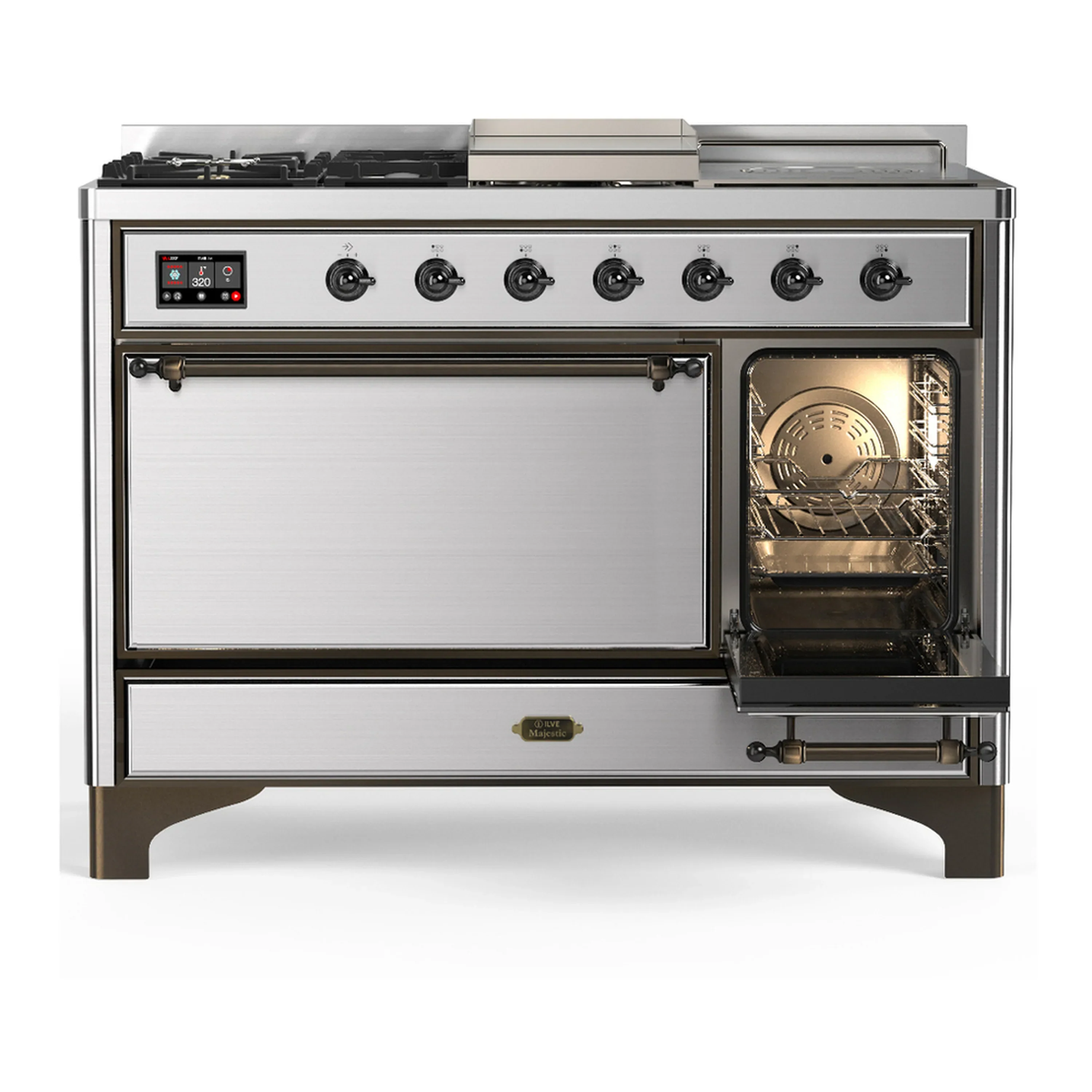 ILVE Majestic III 48-inch Dual Fuel Range with 5 Liquid Propane Burner, Griddle, French Top and Solid Door Electric Oven in Stainless Steel with Burnished Trim (UM48FSQNR3SSBLP) - Image 4