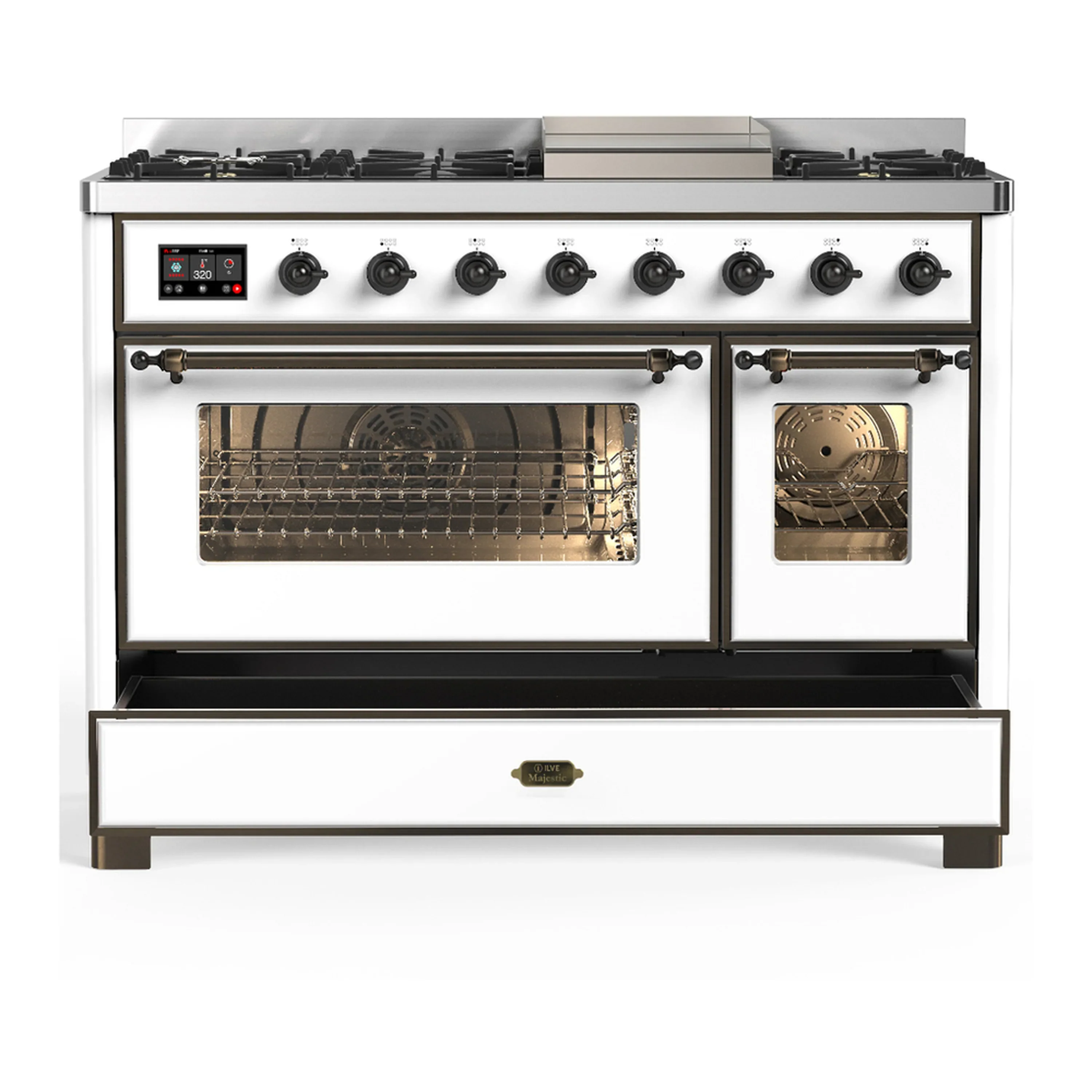 ILVE Majestic III 48-inch Dual Fuel Range with 5 Natural Gas Burner, Griddle and Triple Glass Door Electric Oven in White with Burnished Trim (UM48FNR3WHB) - Image 3