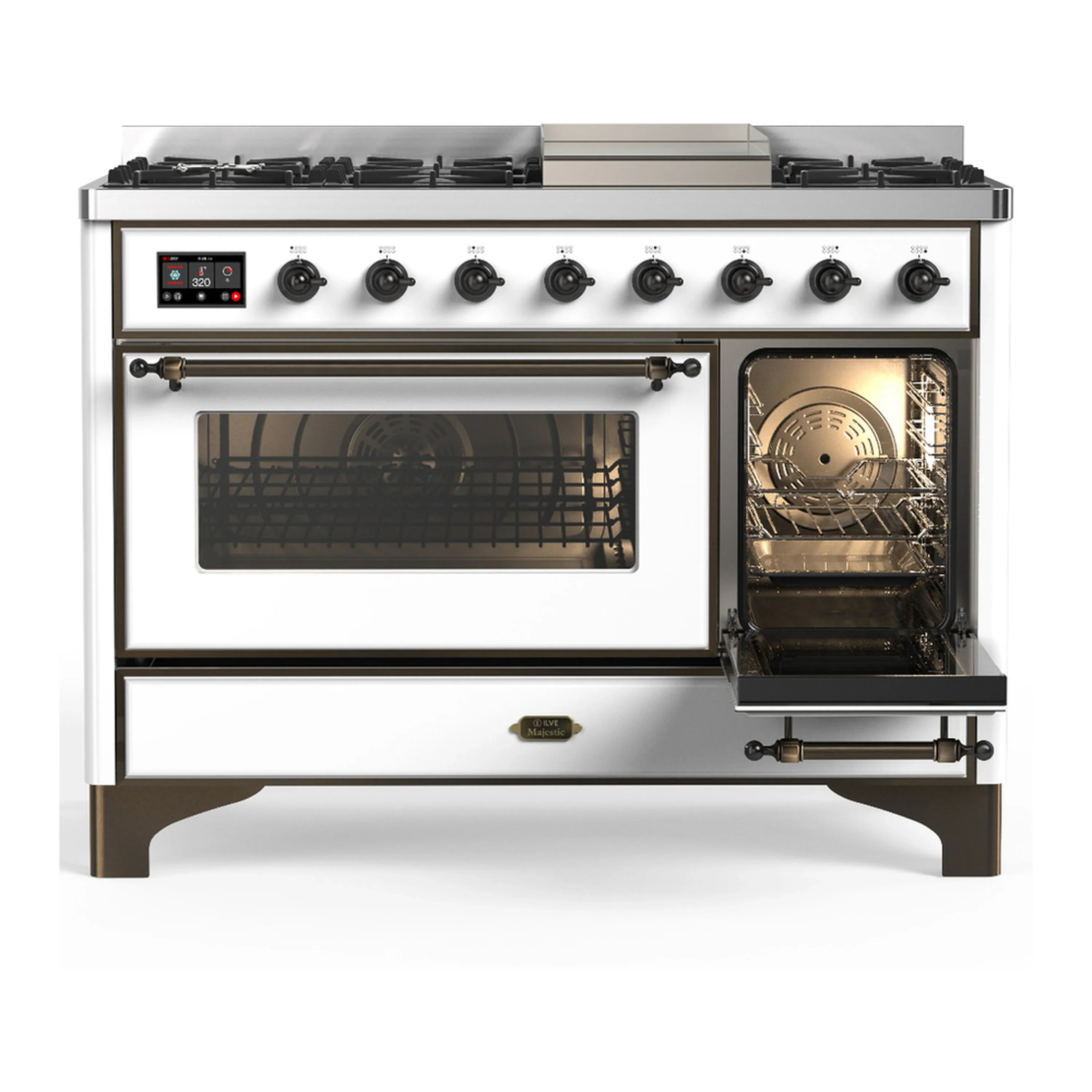 ILVE Majestic III 48-inch Dual Fuel Range with 5 Natural Gas Burner, Griddle and Triple Glass Door Electric Oven in White with Burnished Trim (UM48FNR3WHB) - Image 4
