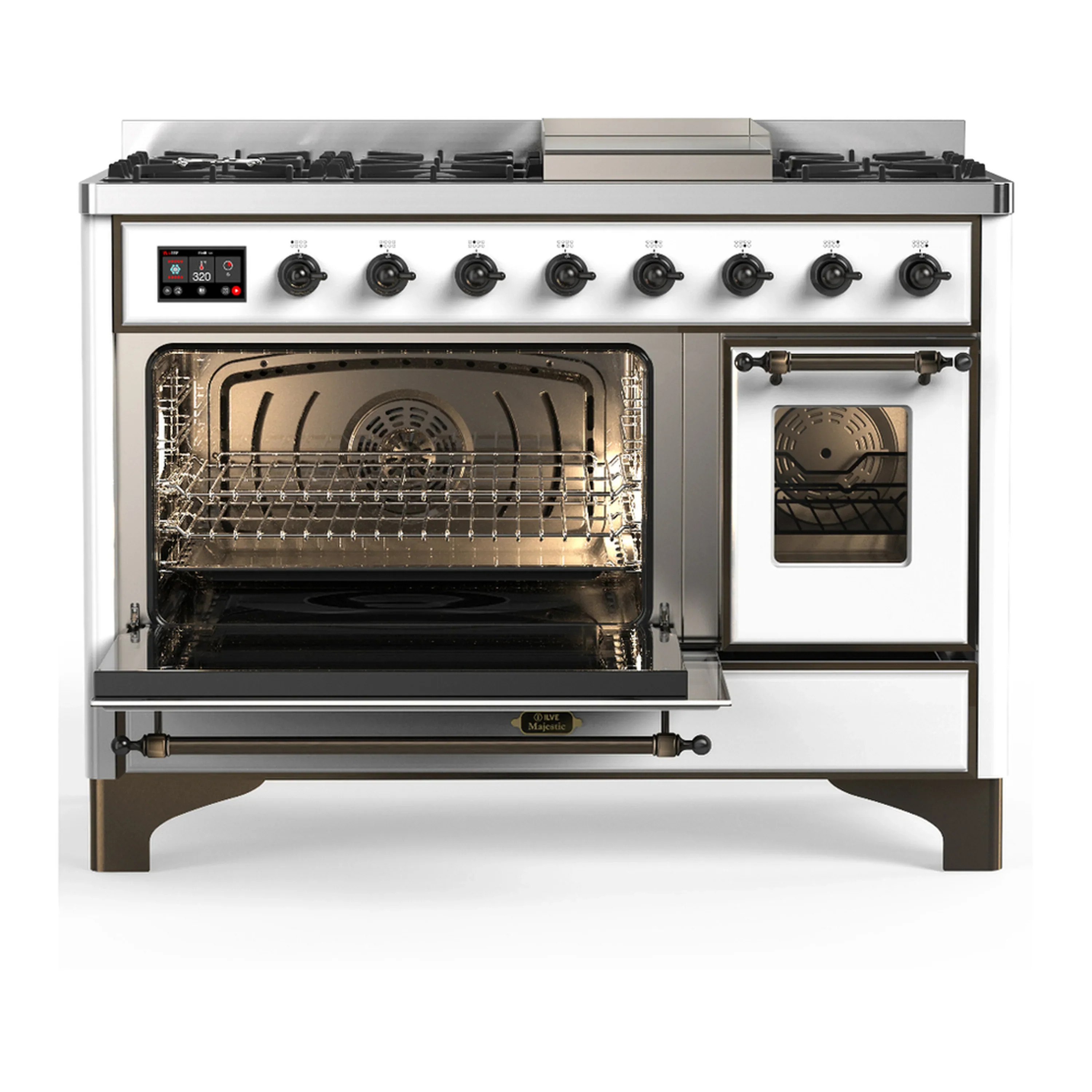 ILVE Majestic III 48-inch Dual Fuel Range with 5 Natural Gas Burner, Griddle and Triple Glass Door Electric Oven in White with Burnished Trim (UM48FNR3WHB) - Image 5