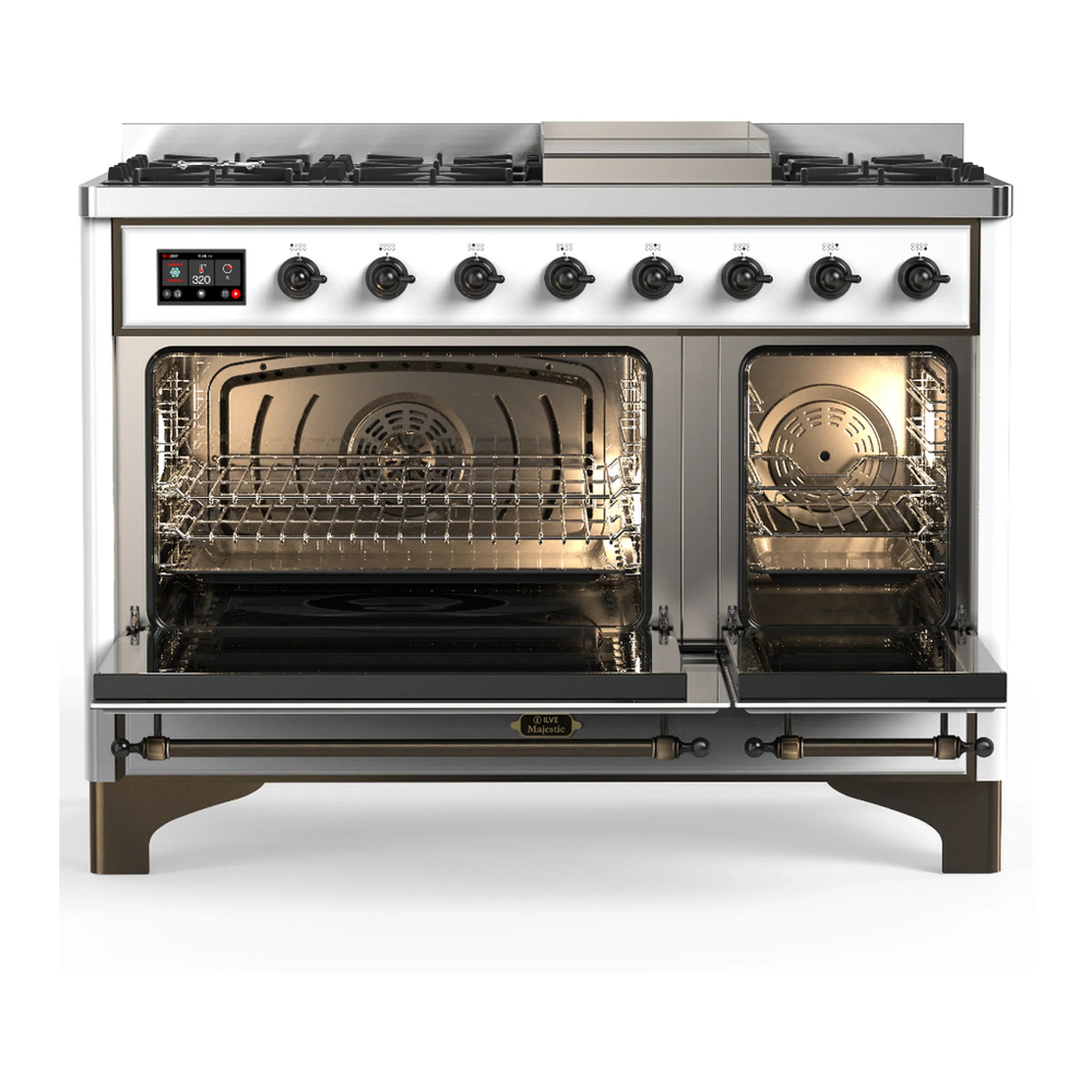 ILVE Majestic III 48-inch Dual Fuel Range with 5 Natural Gas Burner, Griddle and Triple Glass Door Electric Oven in White with Burnished Trim (UM48FNR3WHB) - Image 6