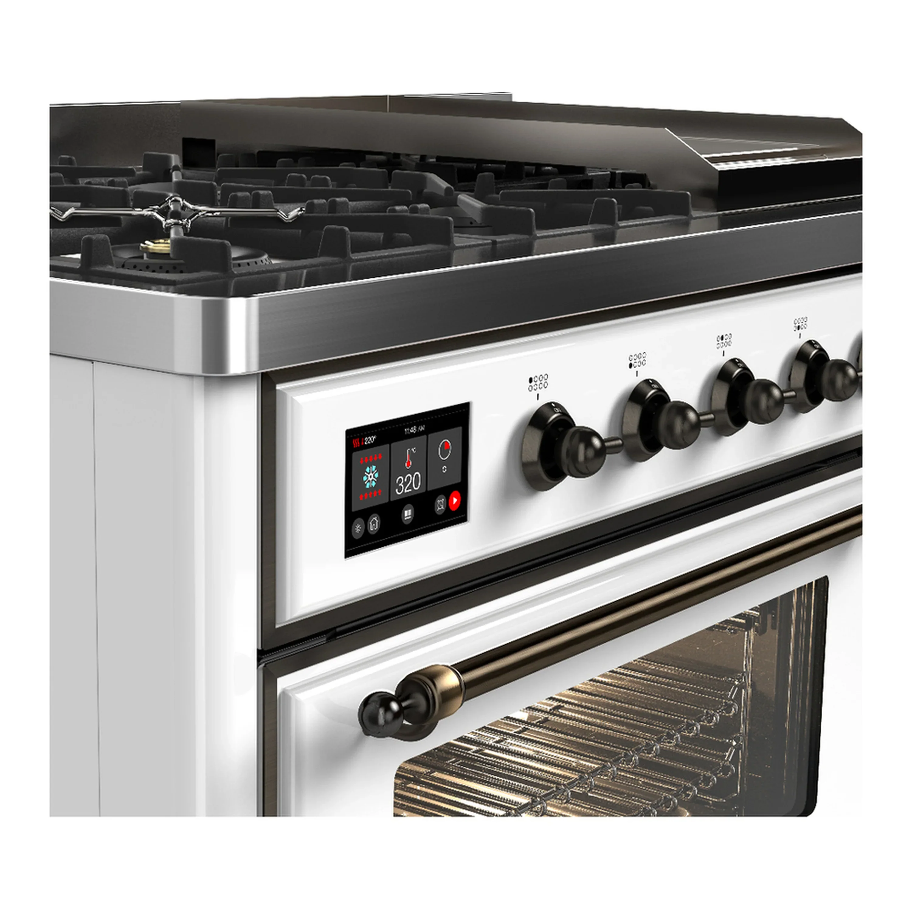 ILVE Majestic III 48-inch Dual Fuel Range with 5 Natural Gas Burner, Griddle and Triple Glass Door Electric Oven in White with Burnished Trim (UM48FNR3WHB) - Image 7
