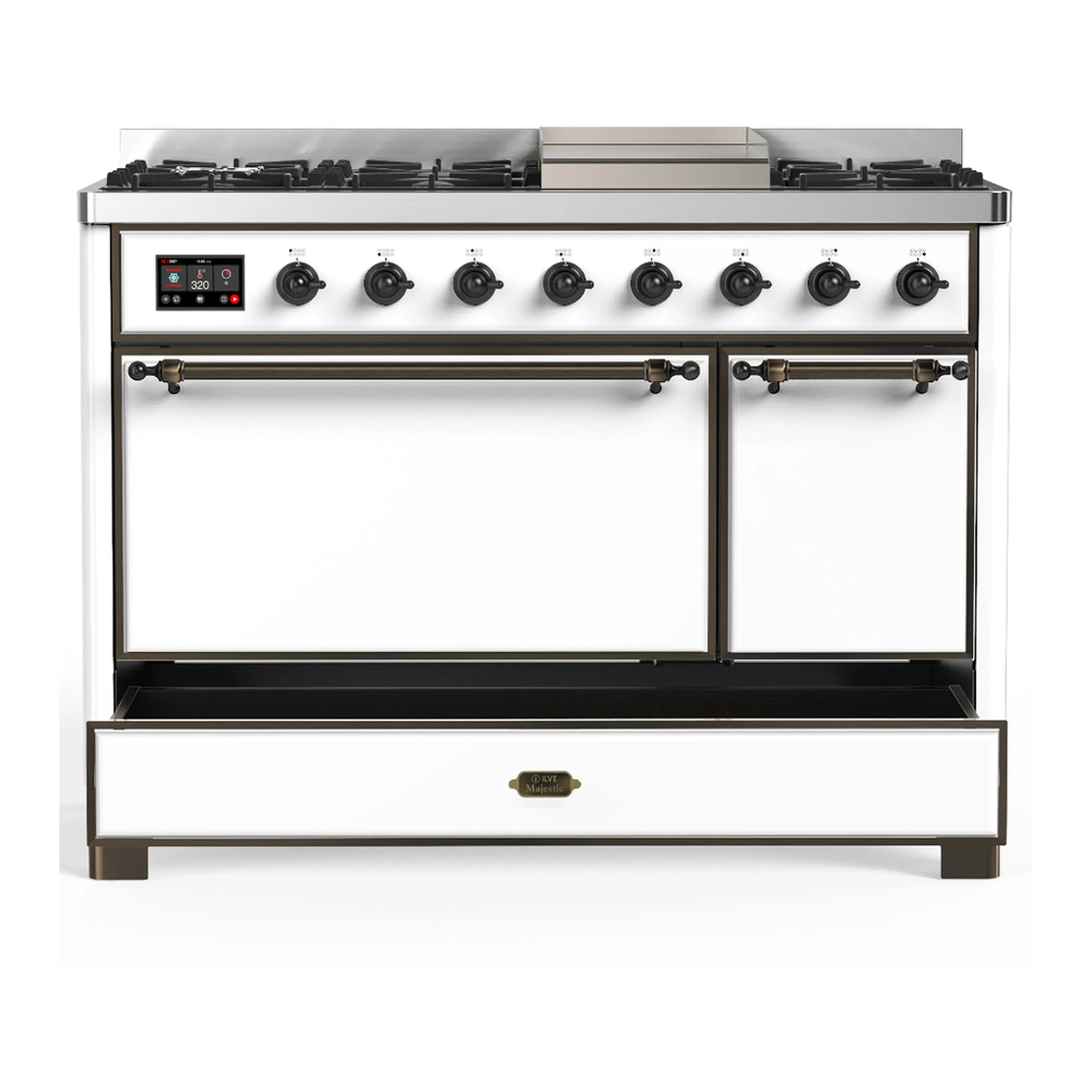 ILVE Majestic III 48-inch Dual Fuel Range with 5 Natural Gas Burner, Griddle and Solid Door Electric Oven in White with Burnished Trim (UM48FQNR3WHB) - Image 3
