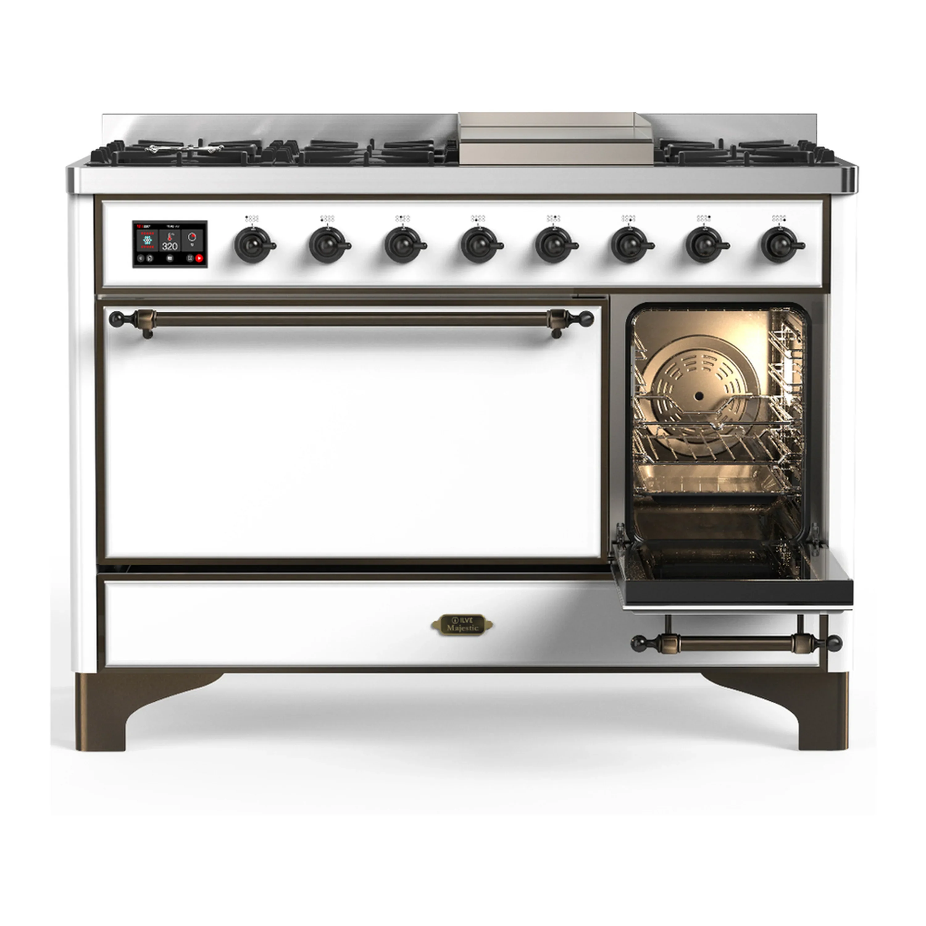 ILVE Majestic III 48-inch Dual Fuel Range with 5 Natural Gas Burner, Griddle and Solid Door Electric Oven in White with Burnished Trim (UM48FQNR3WHB) - Image 4