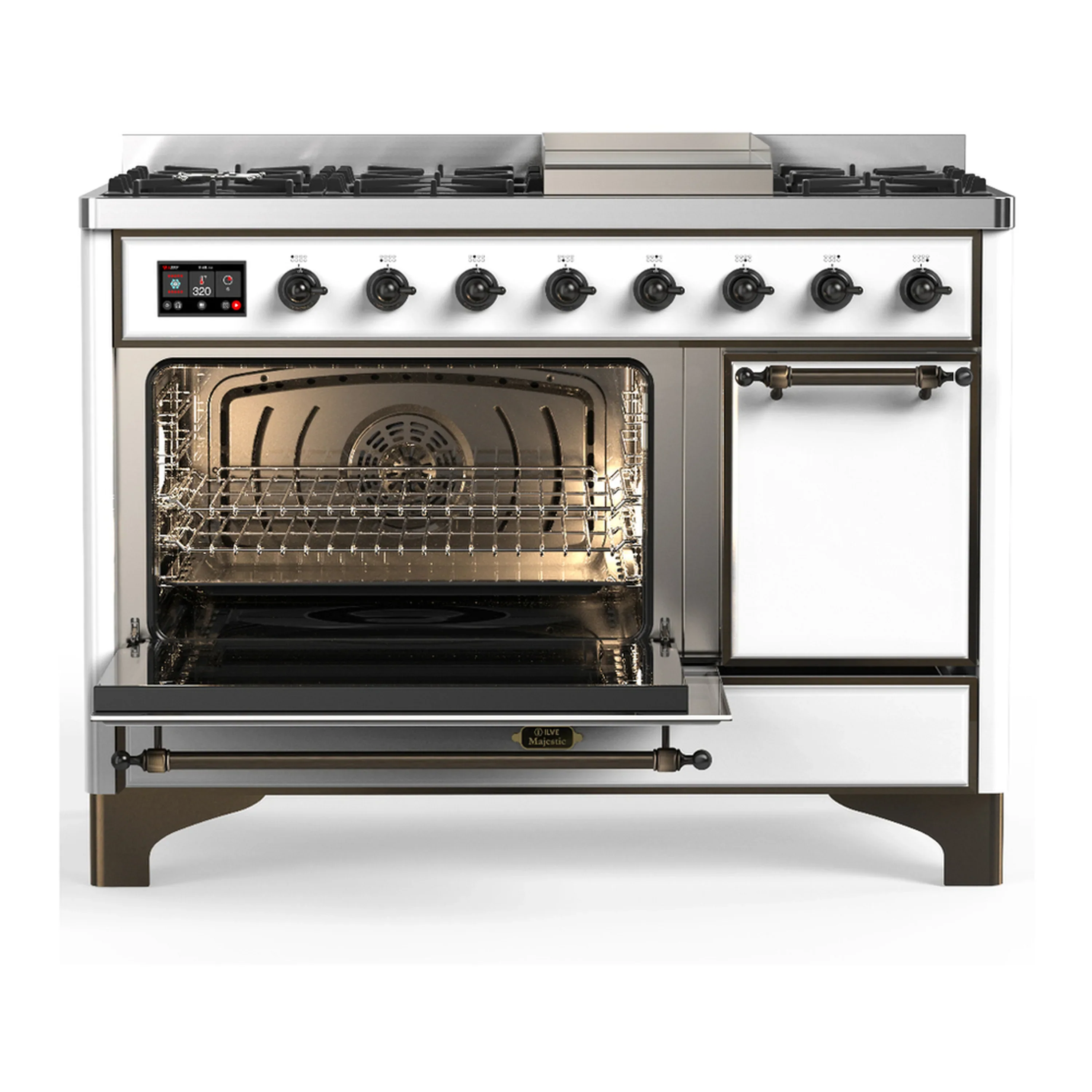 ILVE Majestic III 48-inch Dual Fuel Range with 5 Natural Gas Burner, Griddle and Solid Door Electric Oven in White with Burnished Trim (UM48FQNR3WHB) - Image 5