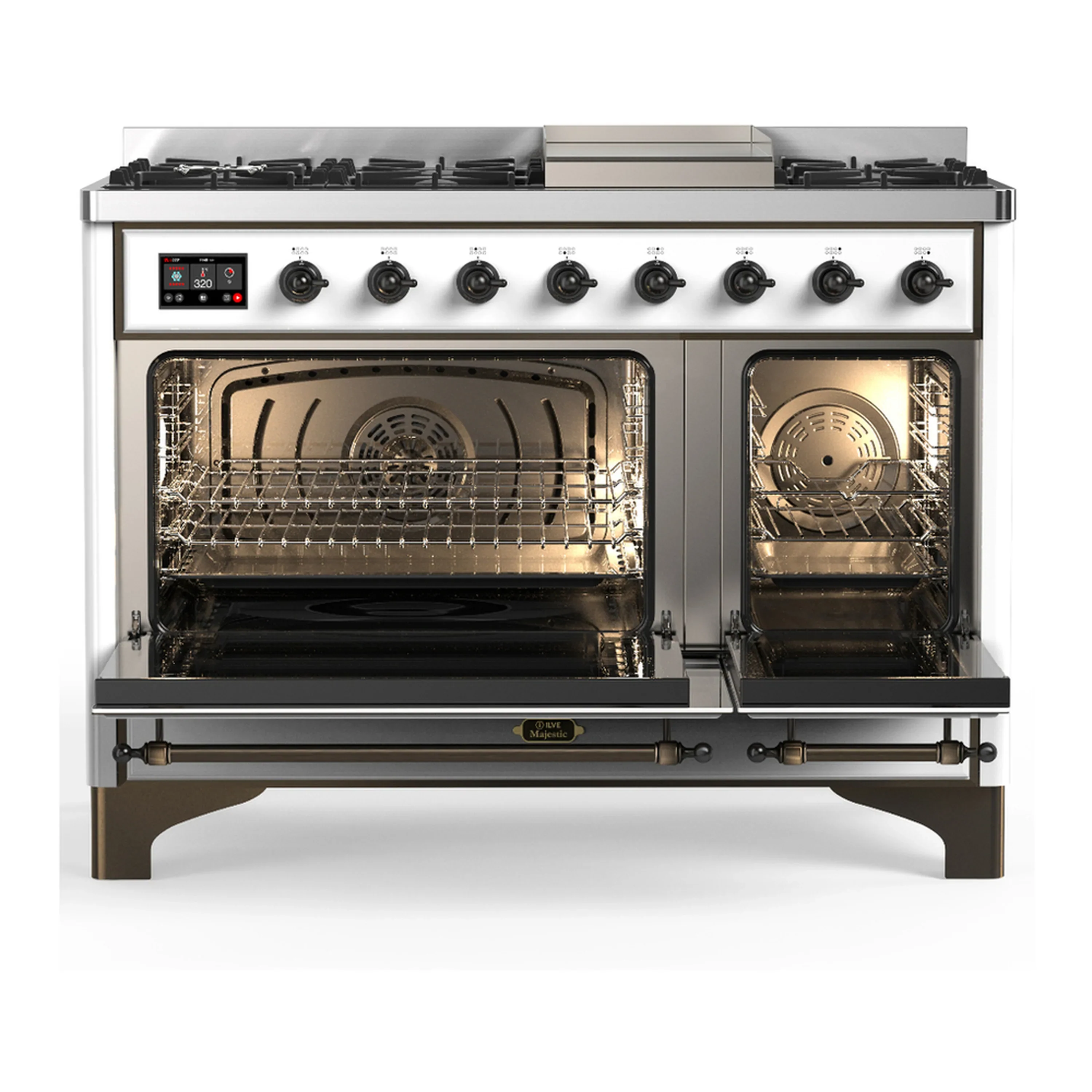ILVE Majestic III 48-inch Dual Fuel Range with 5 Natural Gas Burner, Griddle and Solid Door Electric Oven in White with Burnished Trim (UM48FQNR3WHB) - Image 6