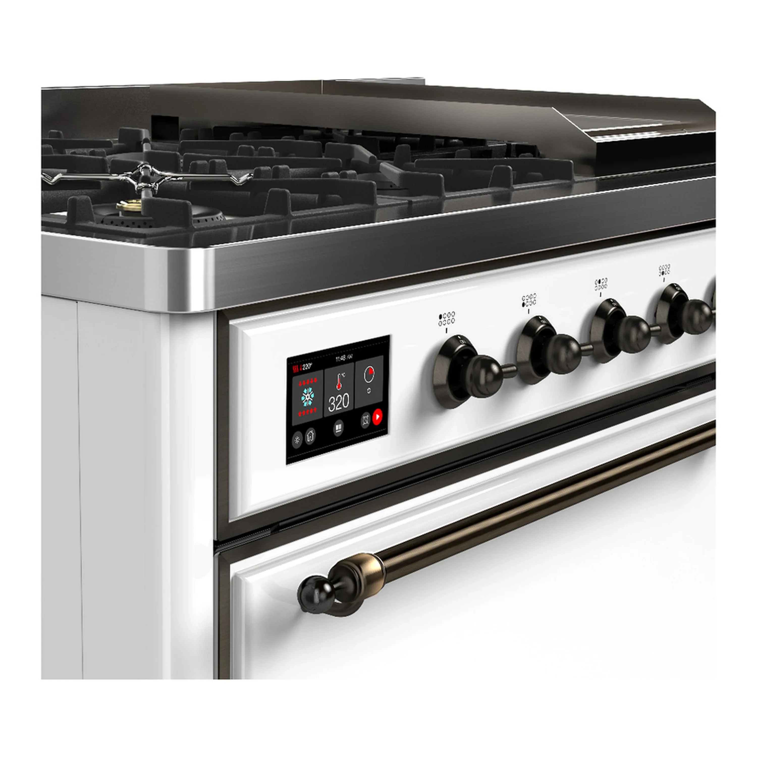 ILVE Majestic III 48-inch Dual Fuel Range with 5 Natural Gas Burner, Griddle and Solid Door Electric Oven in White with Burnished Trim (UM48FQNR3WHB) - Image 7