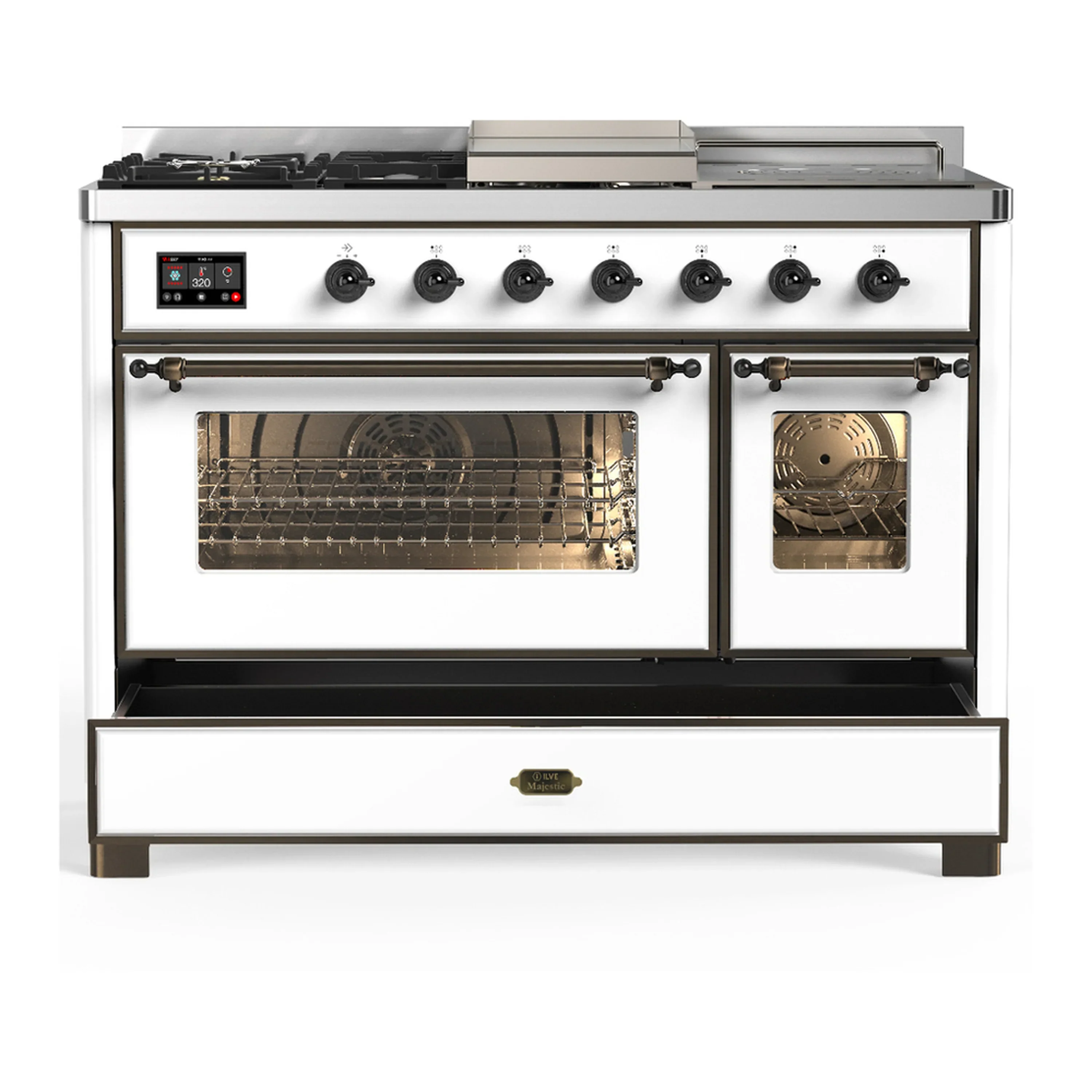 ILVE Majestic III 48-inch Dual Fuel Range with 5 Natural Gas Burner, Griddle, French Top and Triple Glass Door Electric Oven in White with Burnished Trim (UM48FSNR3WHB) - Image 3