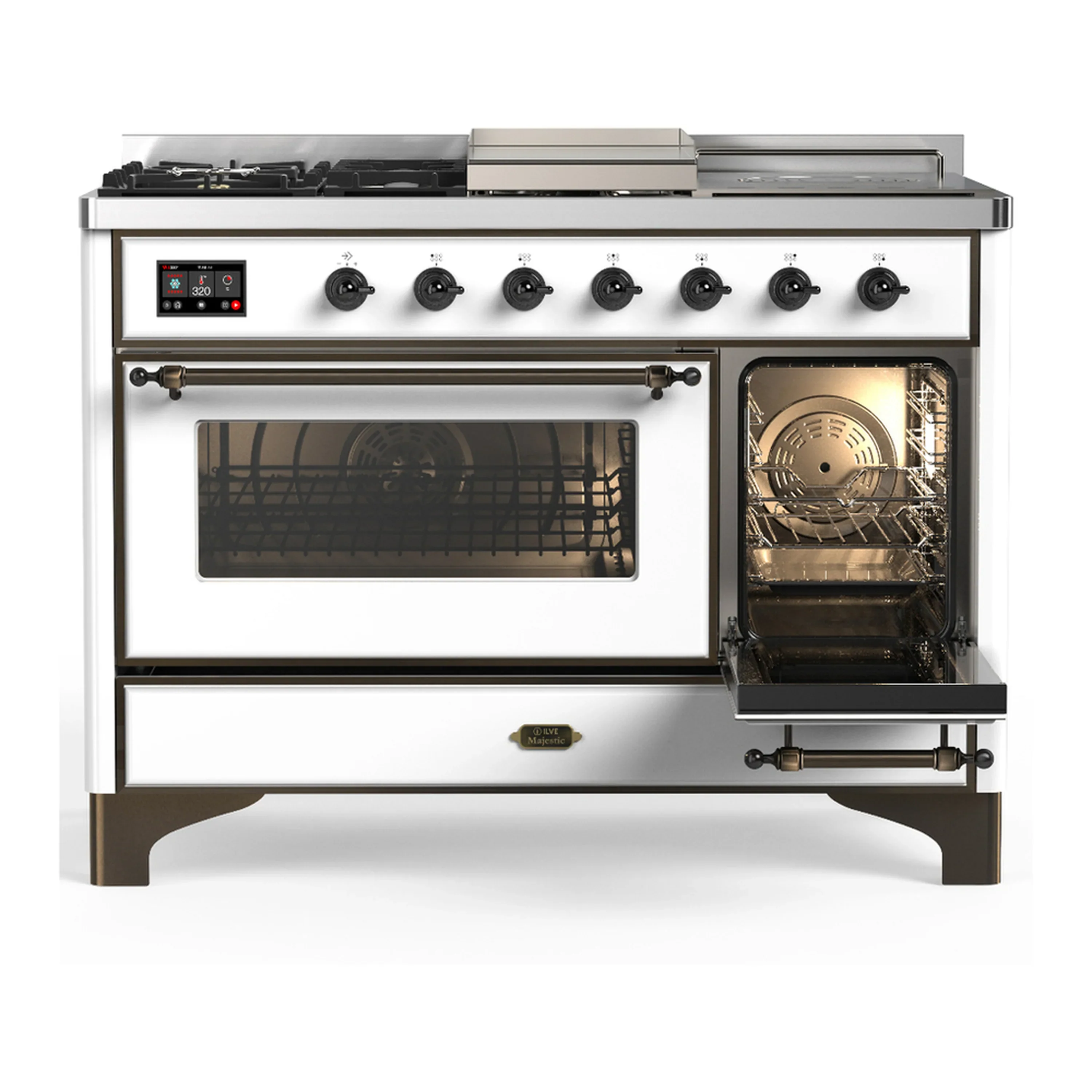 ILVE Majestic III 48-inch Dual Fuel Range with 5 Natural Gas Burner, Griddle, French Top and Triple Glass Door Electric Oven in White with Burnished Trim (UM48FSNR3WHB) - Image 4