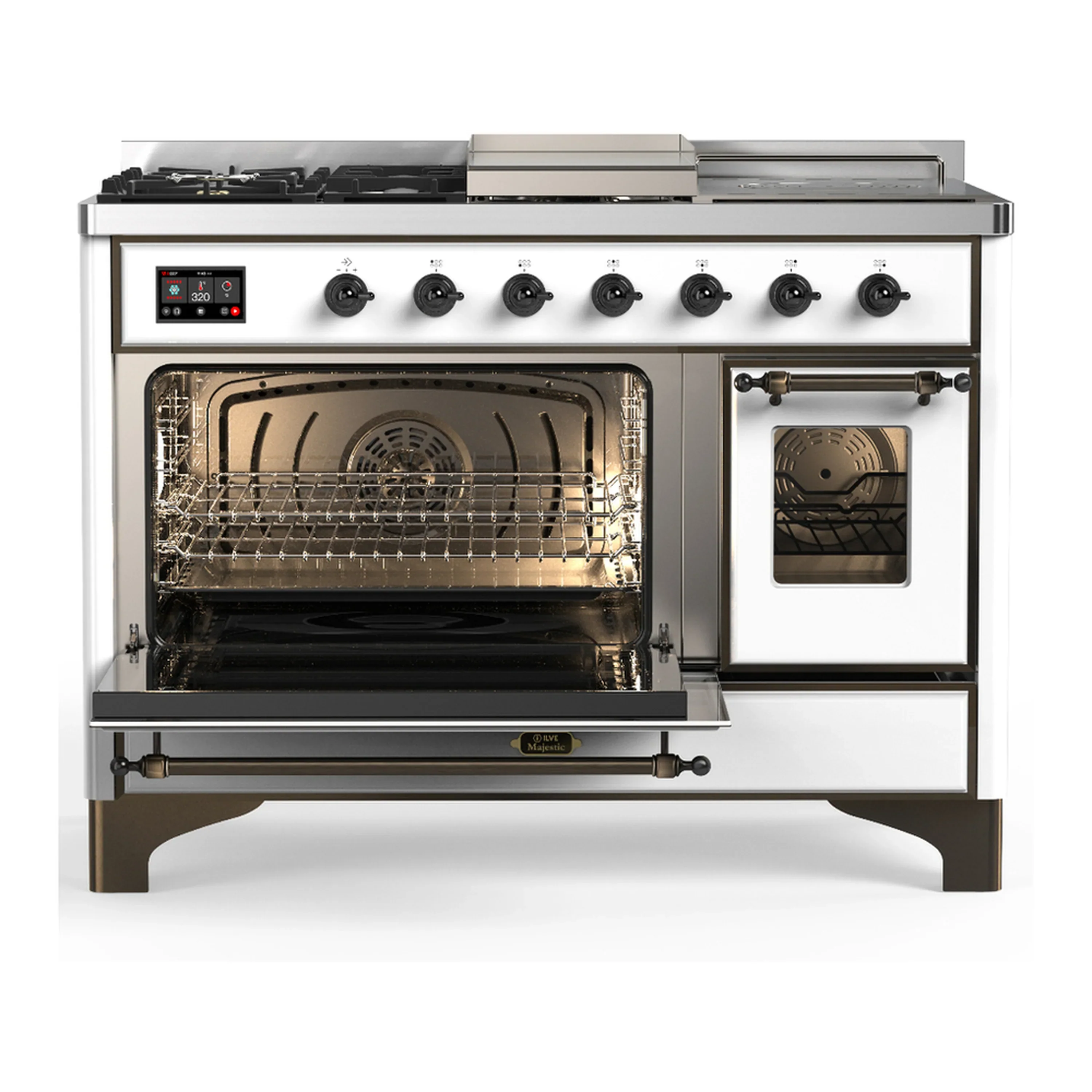 ILVE Majestic III 48-inch Dual Fuel Range with 5 Natural Gas Burner, Griddle, French Top and Triple Glass Door Electric Oven in White with Burnished Trim (UM48FSNR3WHB) - Image 5