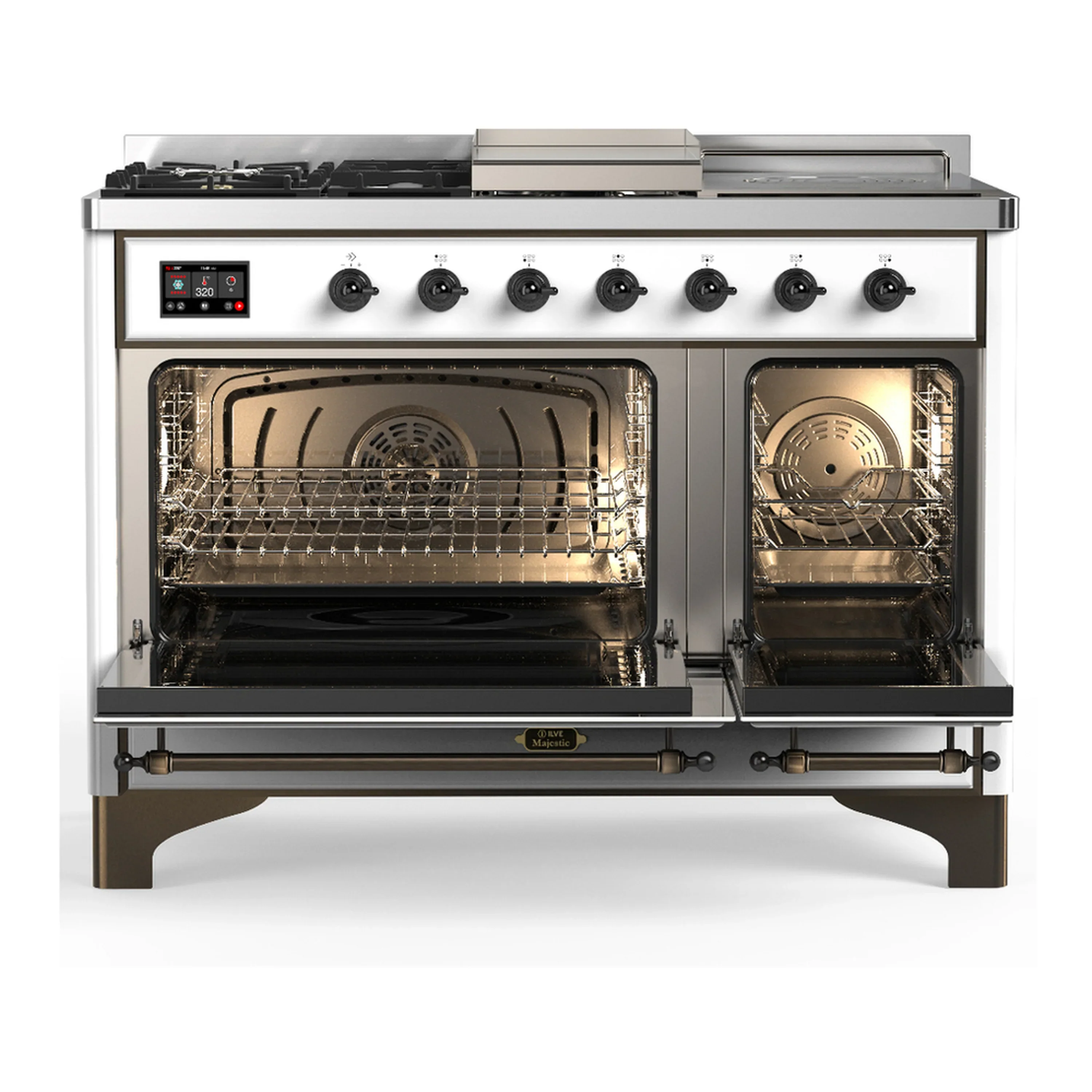 ILVE Majestic III 48-inch Dual Fuel Range with 5 Natural Gas Burner, Griddle, French Top and Triple Glass Door Electric Oven in White with Burnished Trim (UM48FSNR3WHB) - Image 6