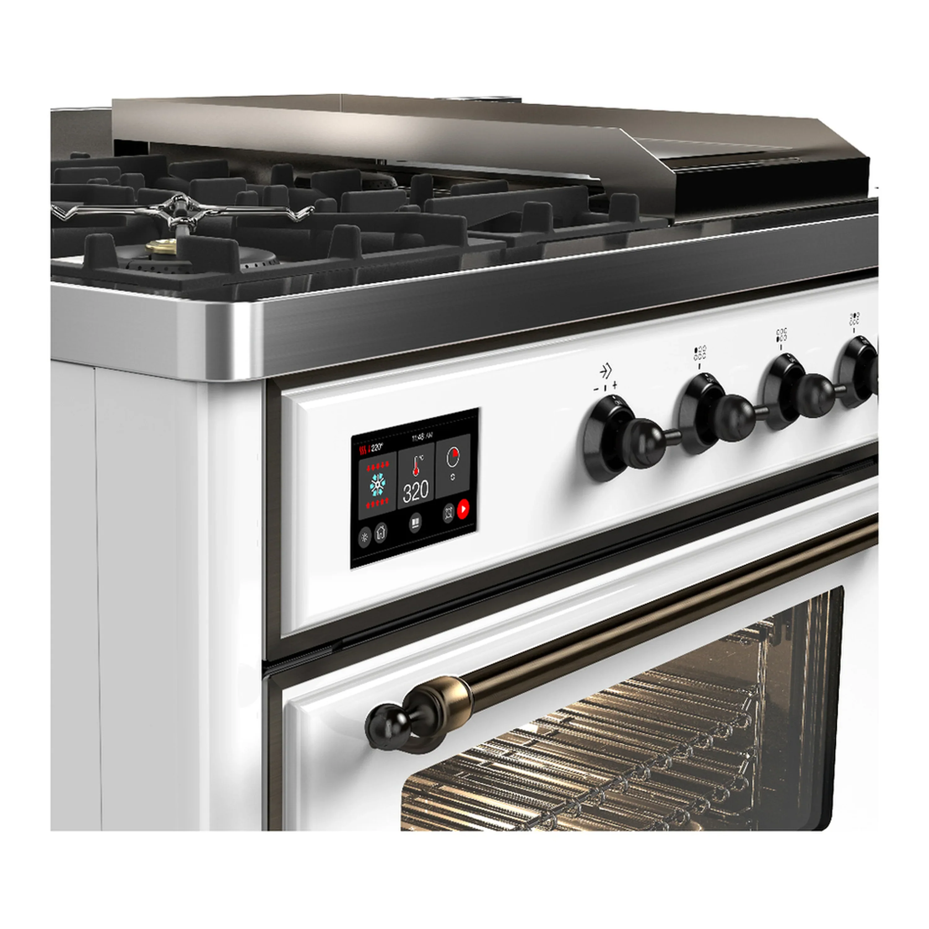 ILVE Majestic III 48-inch Dual Fuel Range with 5 Natural Gas Burner, Griddle, French Top and Triple Glass Door Electric Oven in White with Burnished Trim (UM48FSNR3WHB) - Image 7