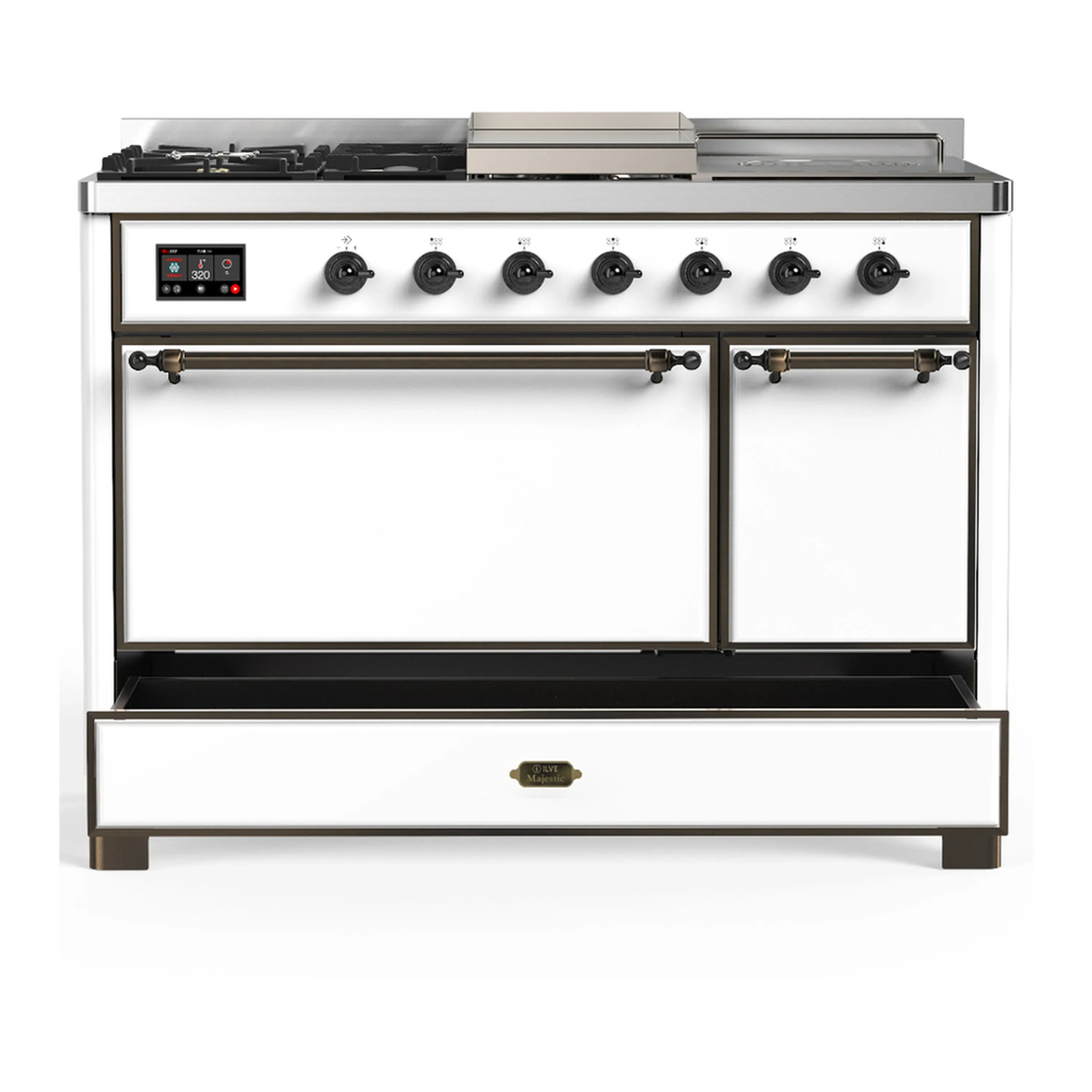 ILVE Majestic III 48-inch Dual Fuel Range with 5 Natural Gas Burner, Griddle, French Top and Solid Door Electric Oven in White with Burnished Trim (UM48FSQNR3WHB) - Image 3