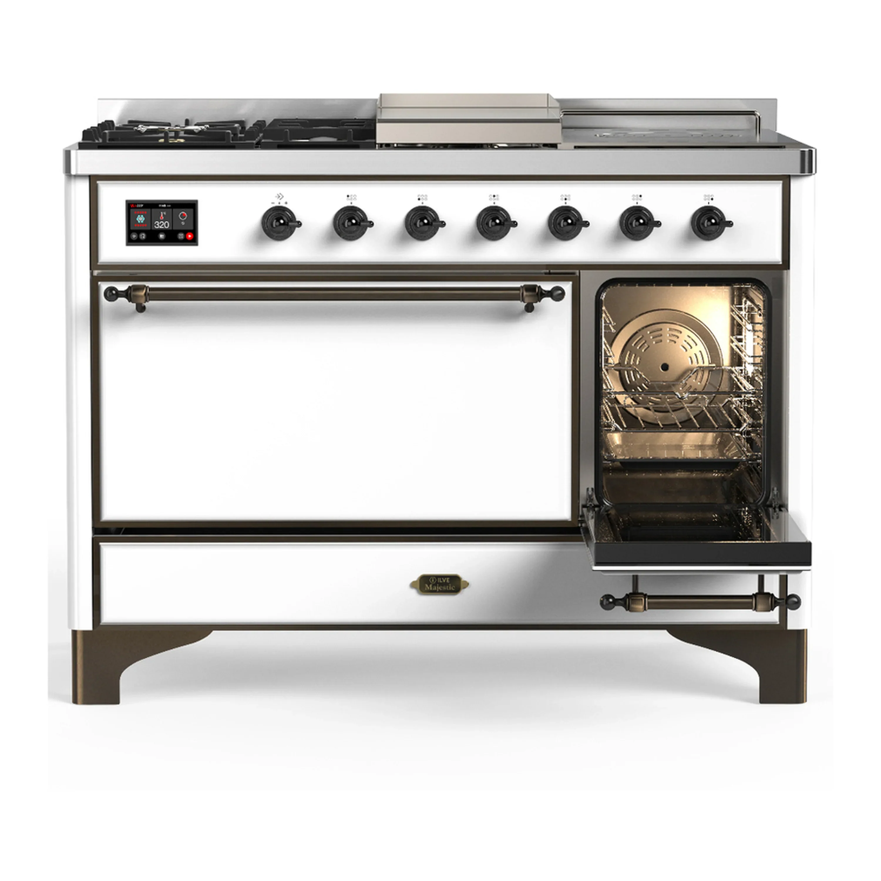 ILVE Majestic III 48-inch Dual Fuel Range with 5 Natural Gas Burner, Griddle, French Top and Solid Door Electric Oven in White with Burnished Trim (UM48FSQNR3WHB) - Image 4