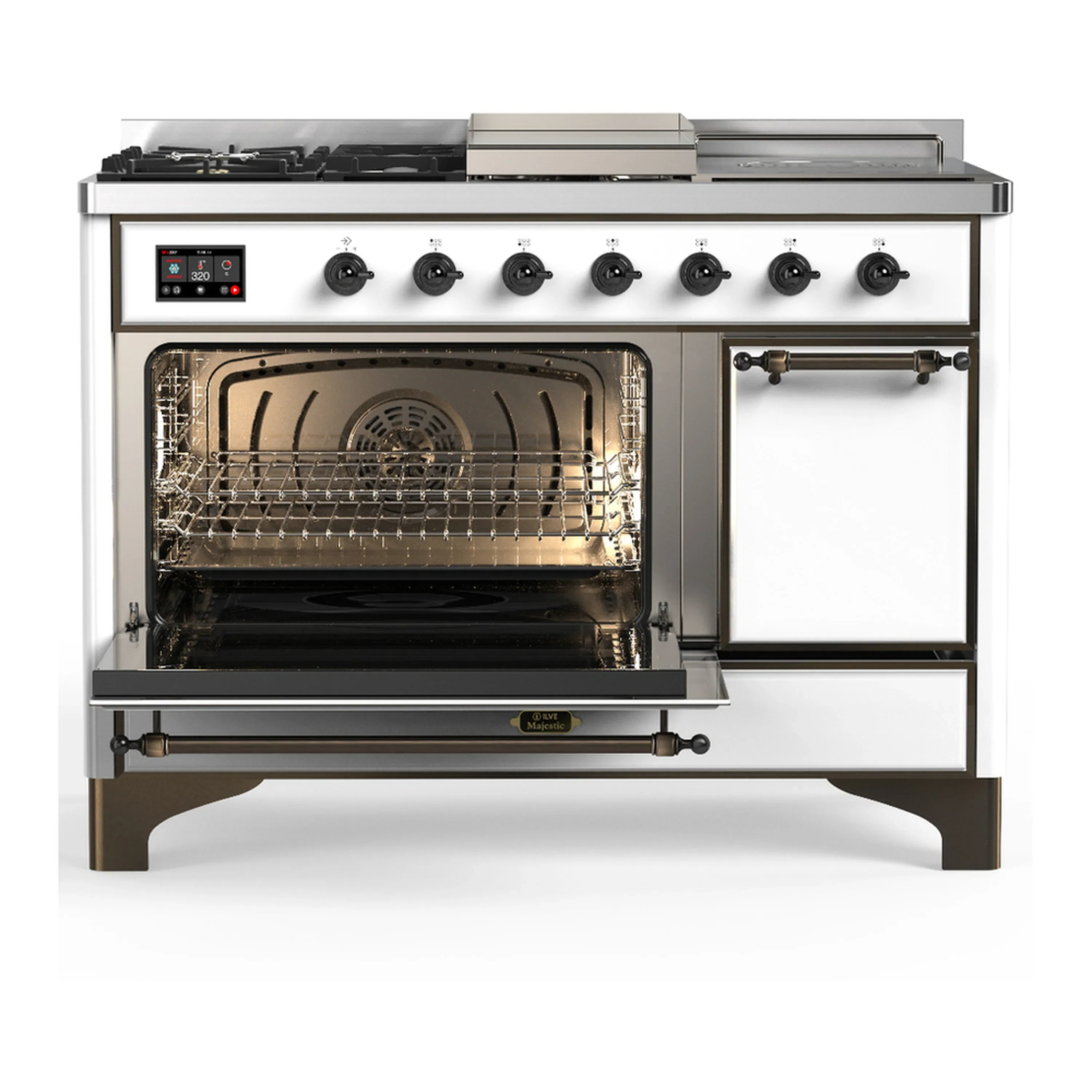 ILVE Majestic III 48-inch Dual Fuel Range with 5 Natural Gas Burner, Griddle, French Top and Solid Door Electric Oven in White with Burnished Trim (UM48FSQNR3WHB) - Image 5