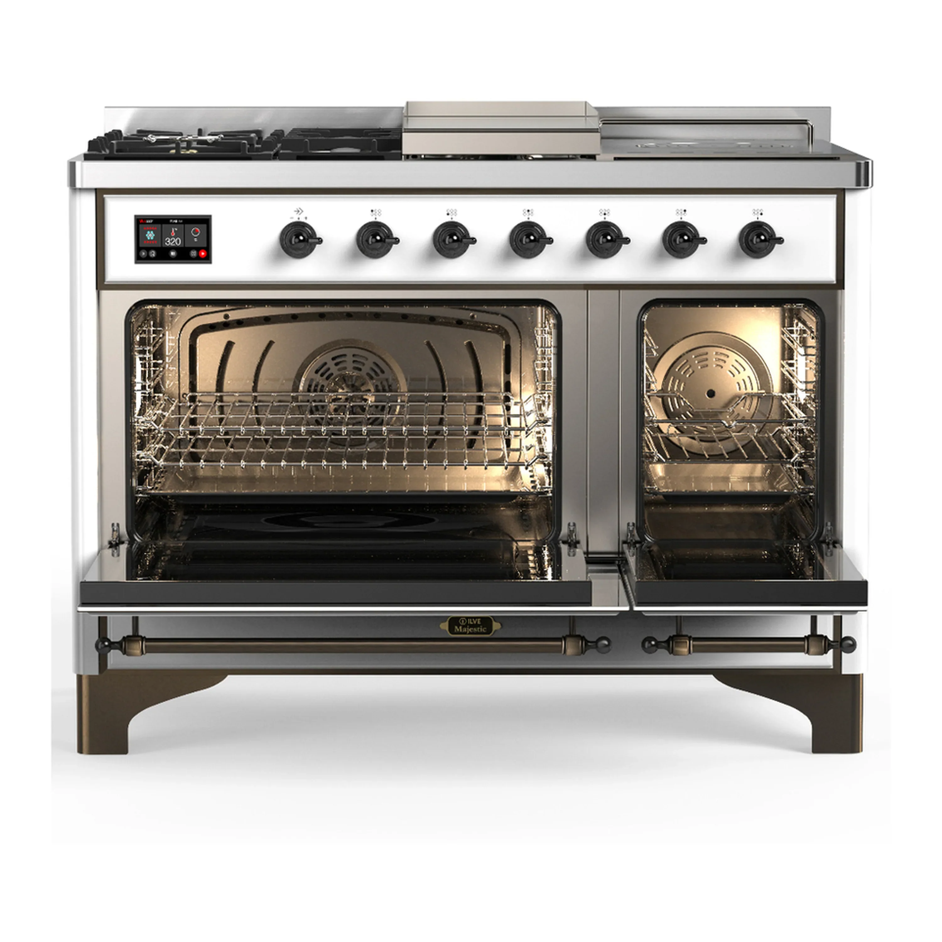 ILVE Majestic III 48-inch Dual Fuel Range with 5 Natural Gas Burner, Griddle, French Top and Solid Door Electric Oven in White with Burnished Trim (UM48FSQNR3WHB) - Image 6