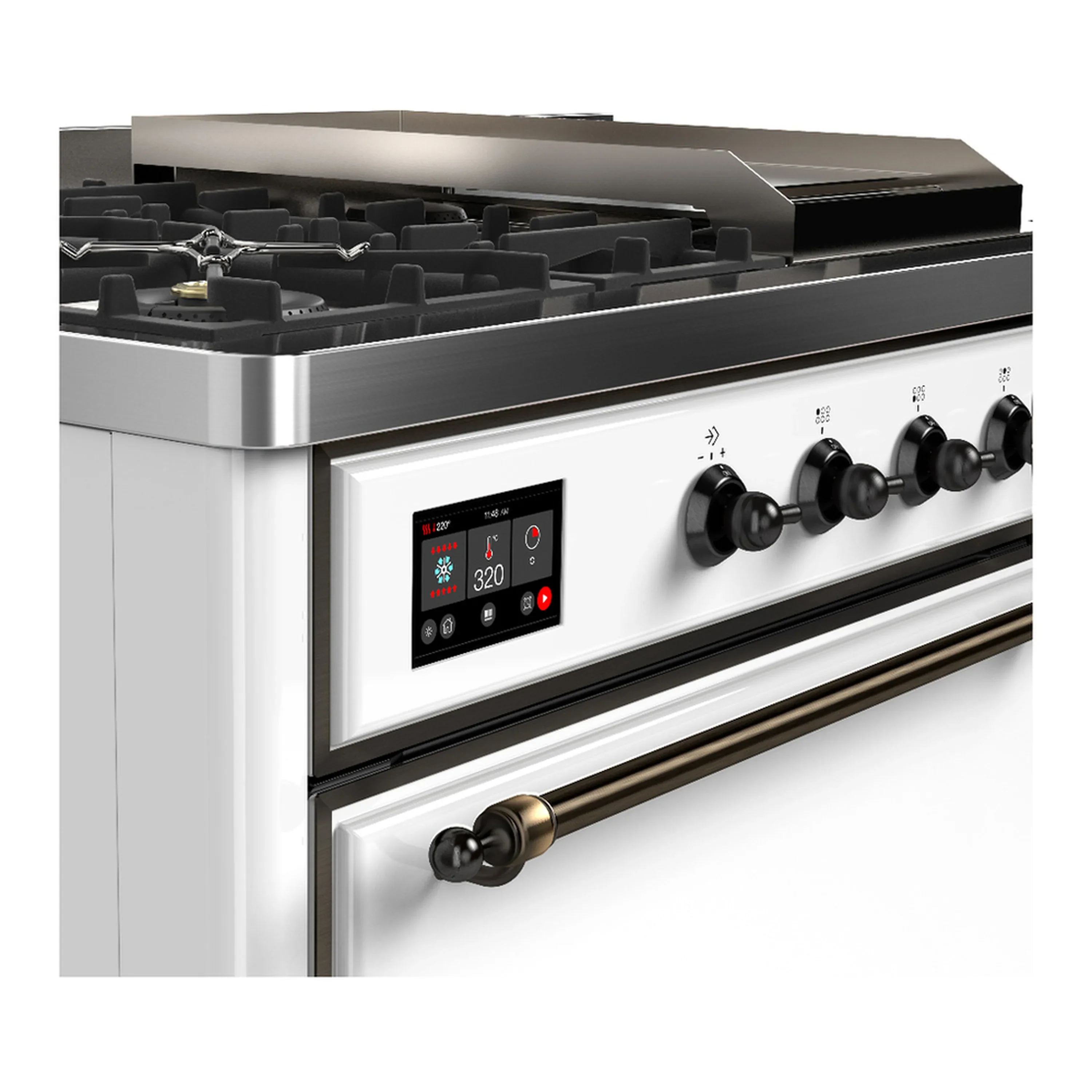 ILVE Majestic III 48-inch Dual Fuel Range with 5 Natural Gas Burner, Griddle, French Top and Solid Door Electric Oven in White with Burnished Trim (UM48FSQNR3WHB) - Image 7