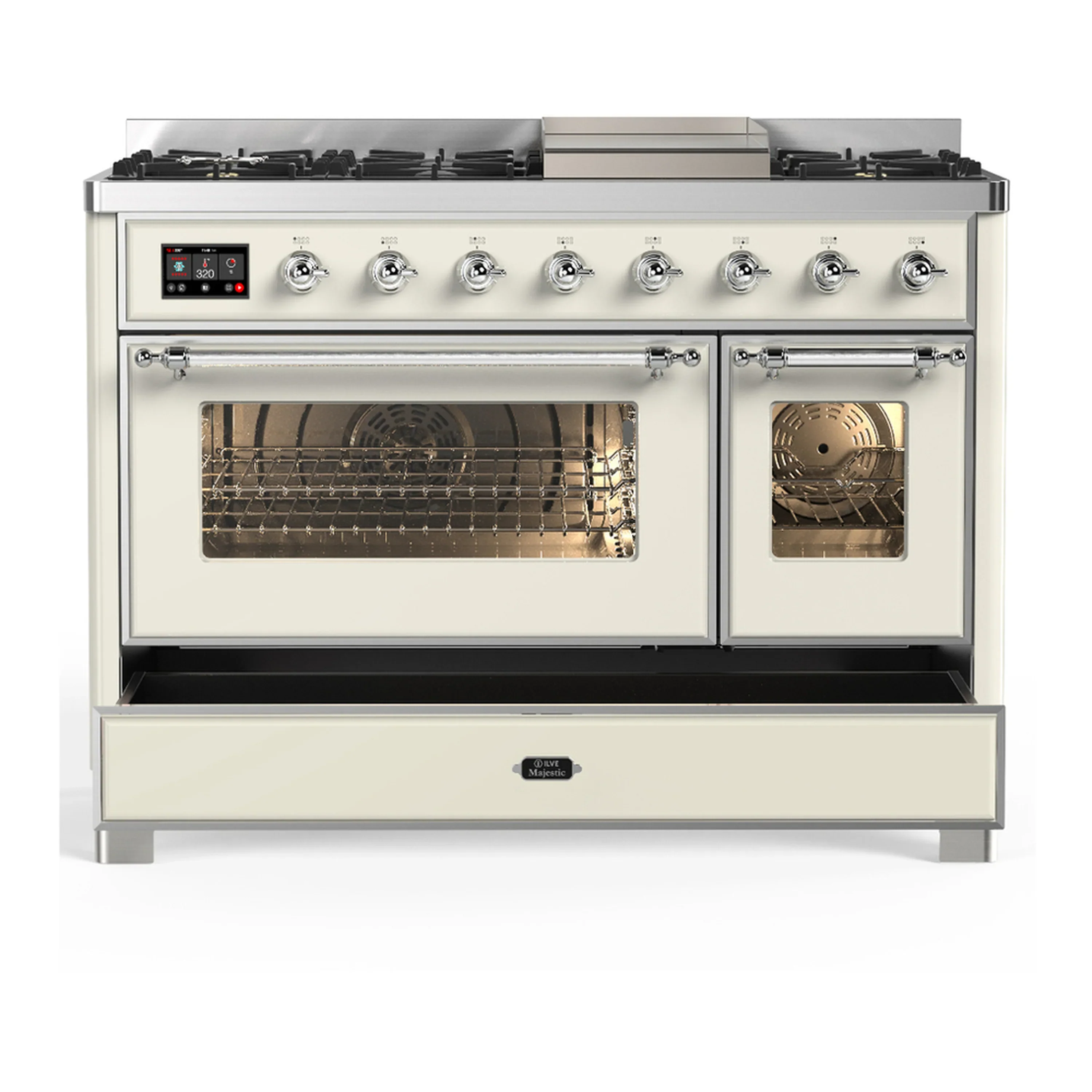ILVE Majestic III 48-inch Dual Fuel Range with 5 Natural Gas Burner, Griddle and Triple Glass Door Electric Oven in Antique White with Chrome Trim (UM48FNR3AWC) - Image 3