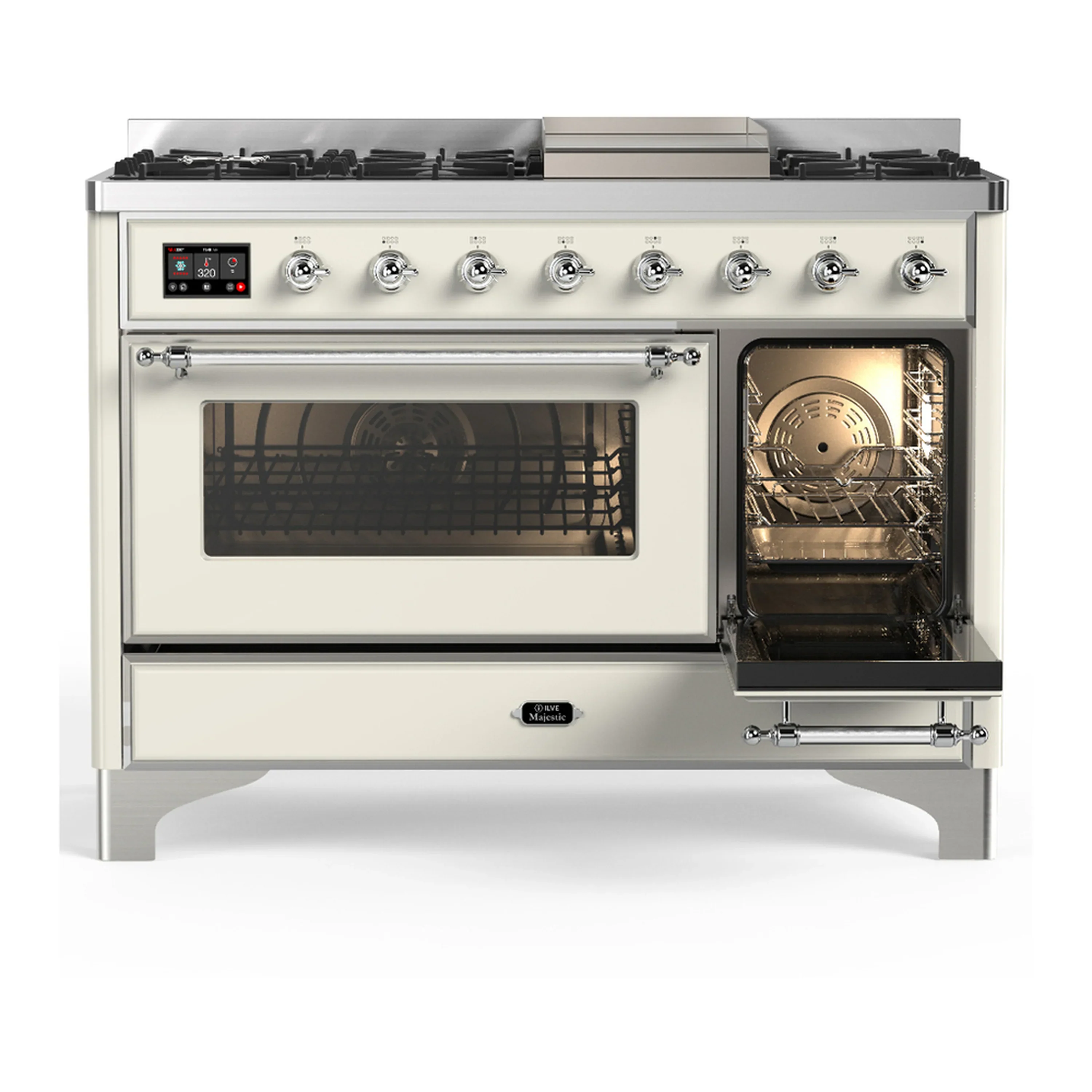 ILVE Majestic III 48-inch Dual Fuel Range with 5 Natural Gas Burner, Griddle and Triple Glass Door Electric Oven in Antique White with Chrome Trim (UM48FNR3AWC) - Image 4