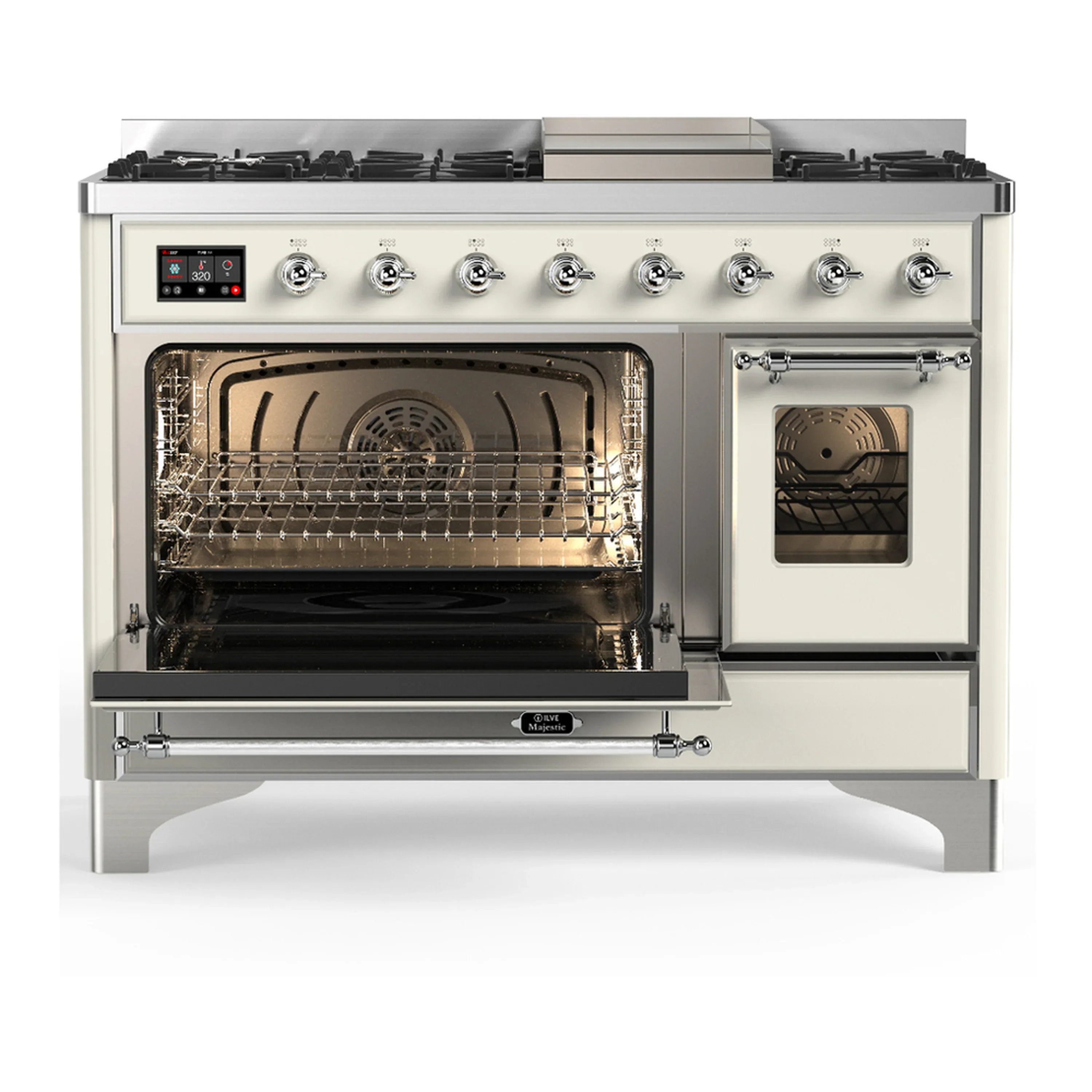 ILVE Majestic III 48-inch Dual Fuel Range with 5 Natural Gas Burner, Griddle and Triple Glass Door Electric Oven in Antique White with Chrome Trim (UM48FNR3AWC) - Image 5