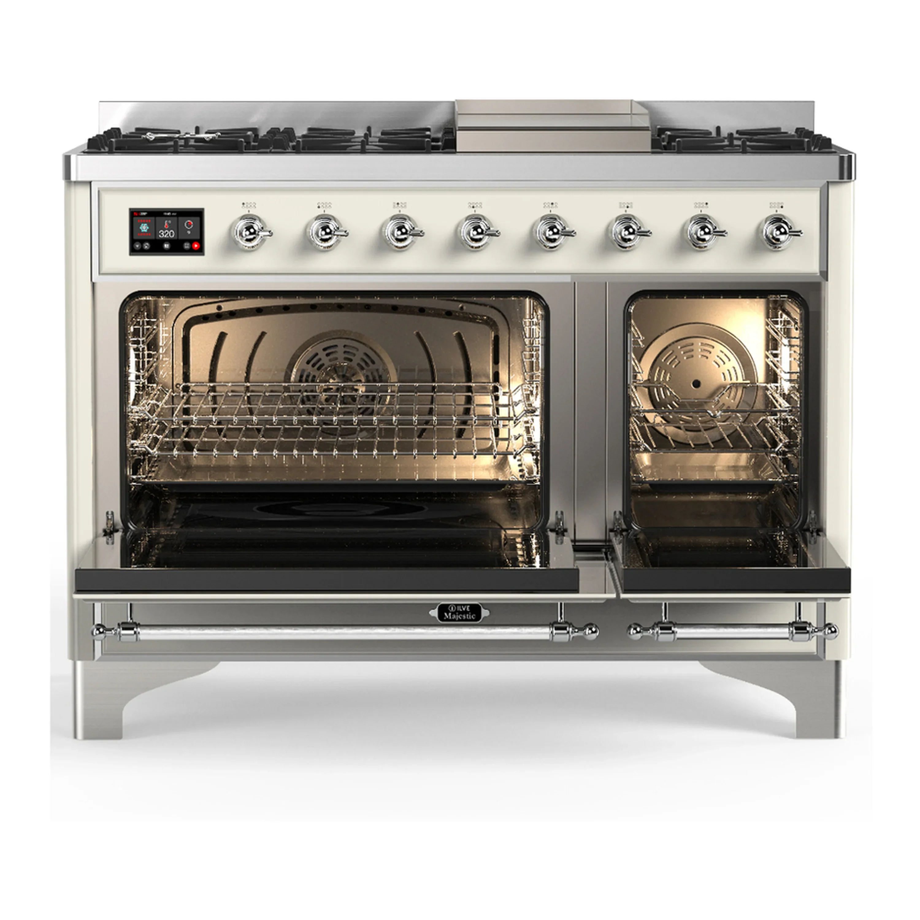 ILVE Majestic III 48-inch Dual Fuel Range with 5 Natural Gas Burner, Griddle and Triple Glass Door Electric Oven in Antique White with Chrome Trim (UM48FNR3AWC) - Image 6